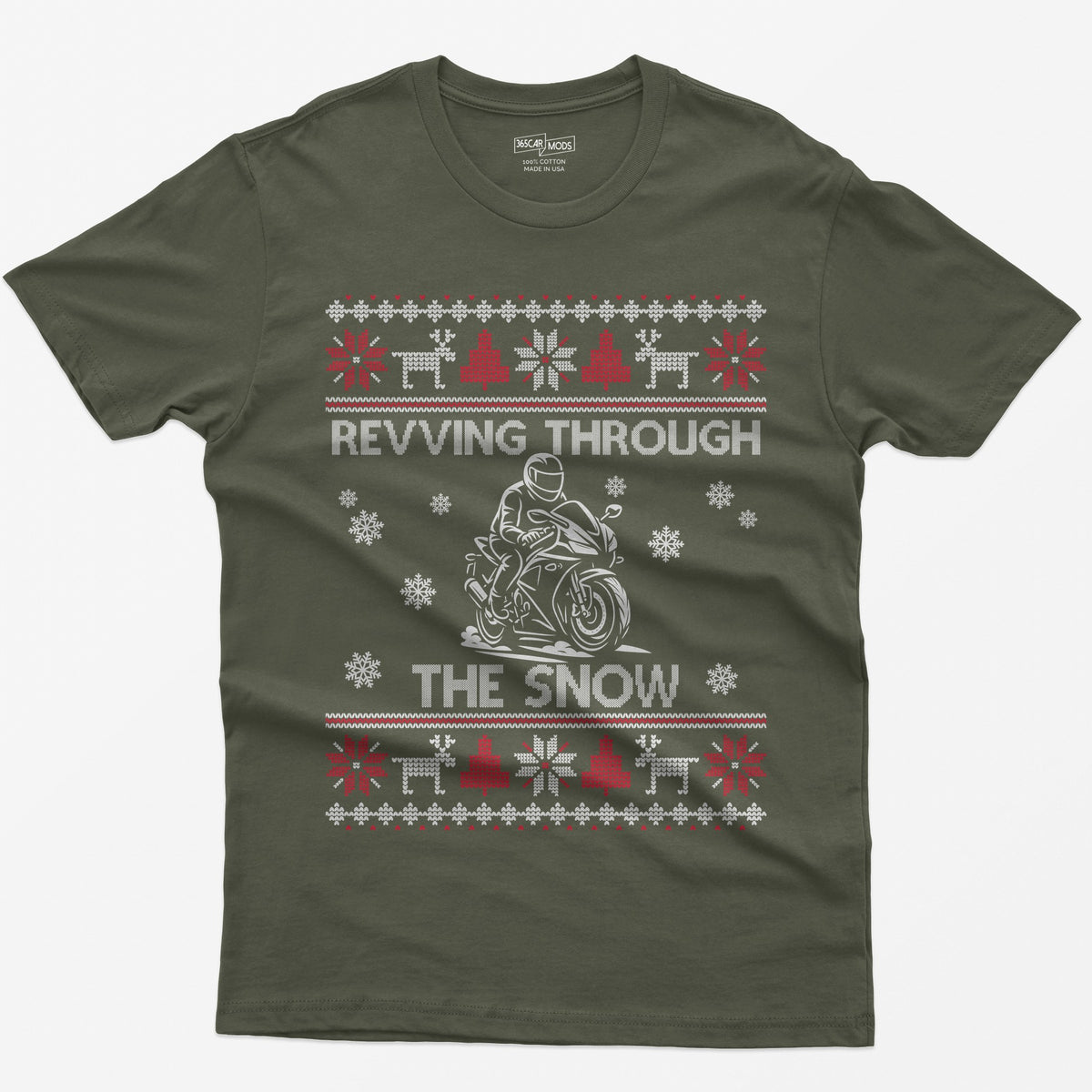Revving Through the Snow Sportbike Christmas T-Shirt - Military Green