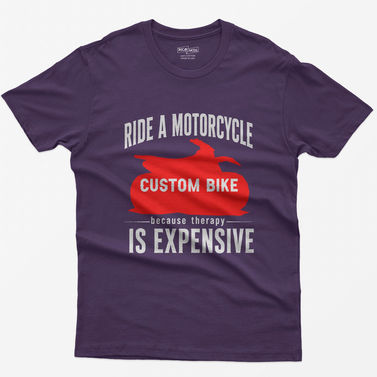 Purple t-shirt with Ride a Motorcycle Because Therapy Is Expensive and a red motorcycle silhouette customized to your bike