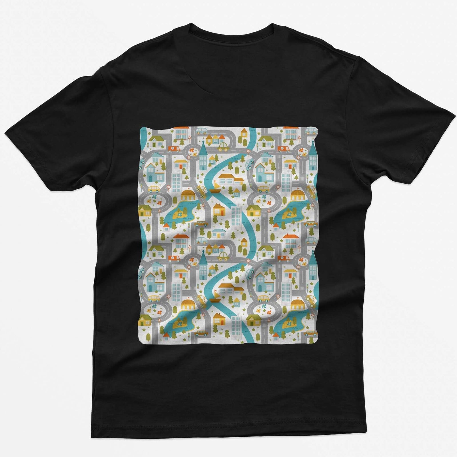Back of a black t-shirt with a toy car play mat print of roads, a river and a small town