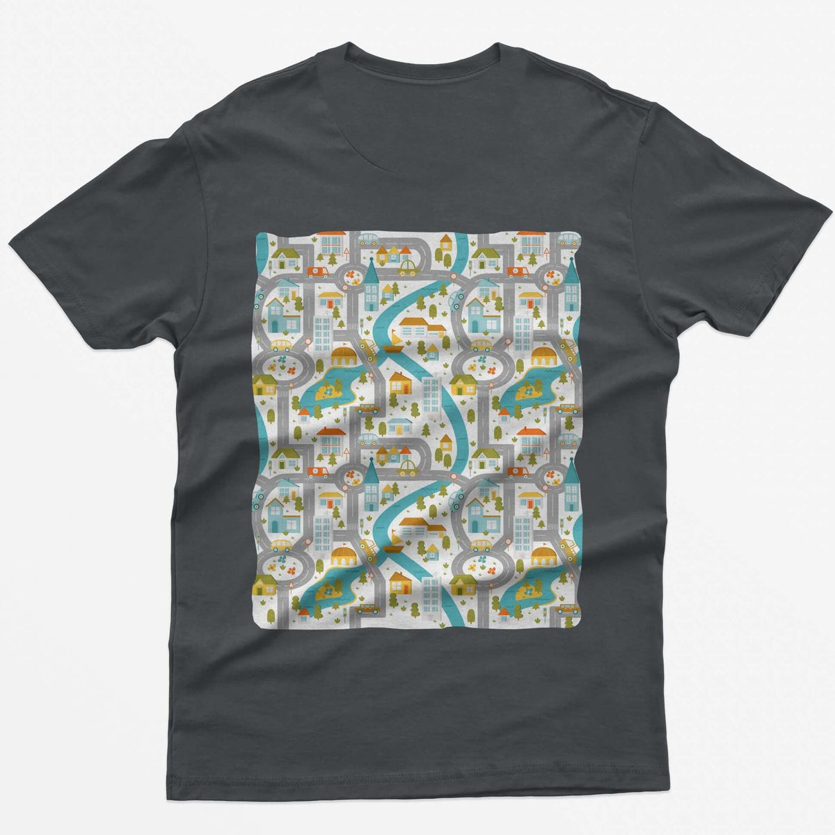 Back of a charcoal t-shirt with a toy car play mat print of roads, a river and a small town