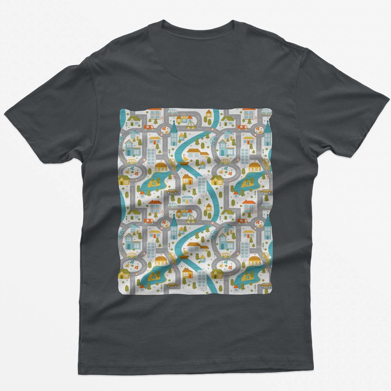 Back of a charcoal t-shirt with a toy car play mat print of roads, a river and a small town