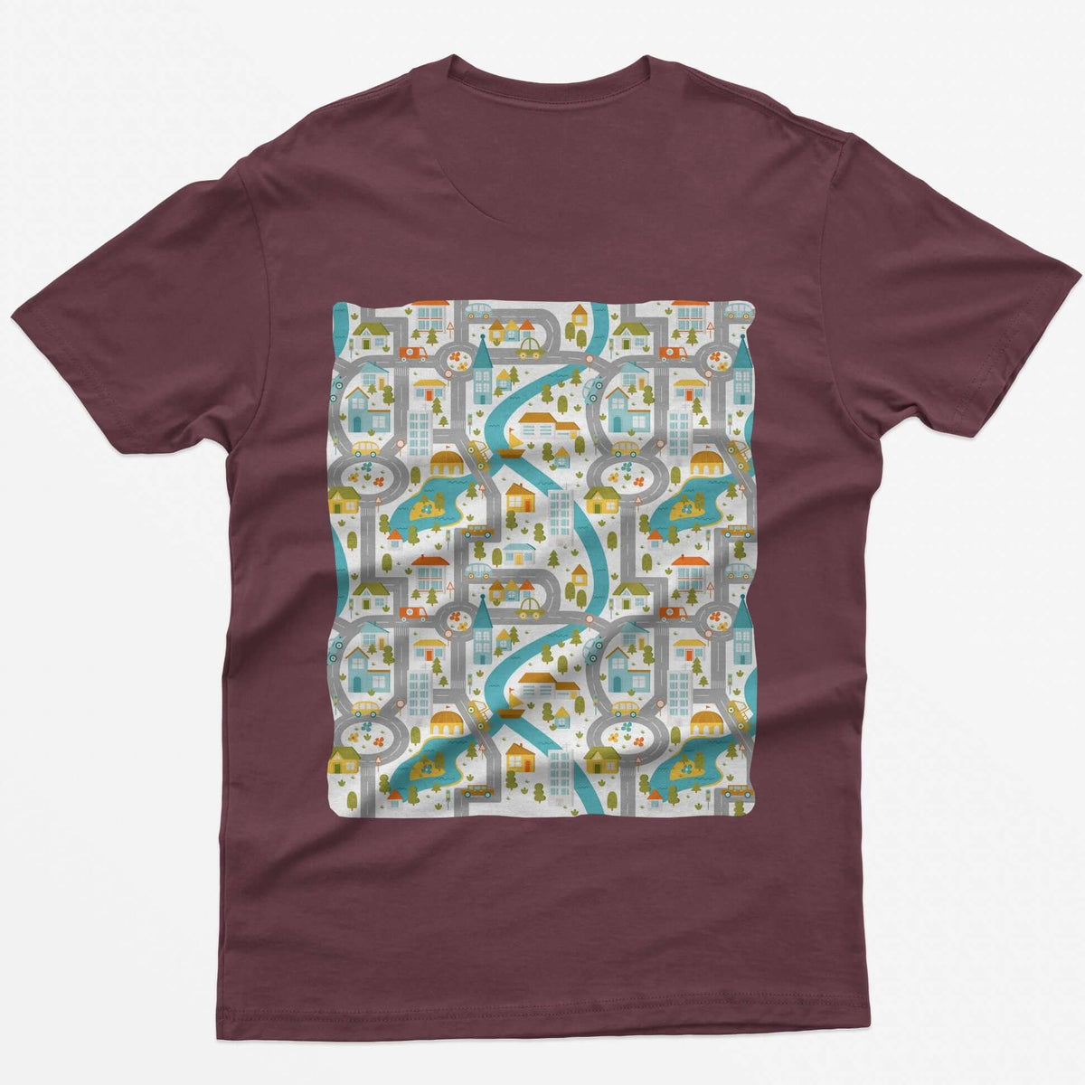 Back of a maroon t-shirt with a toy car play mat print of roads, a river and a small town