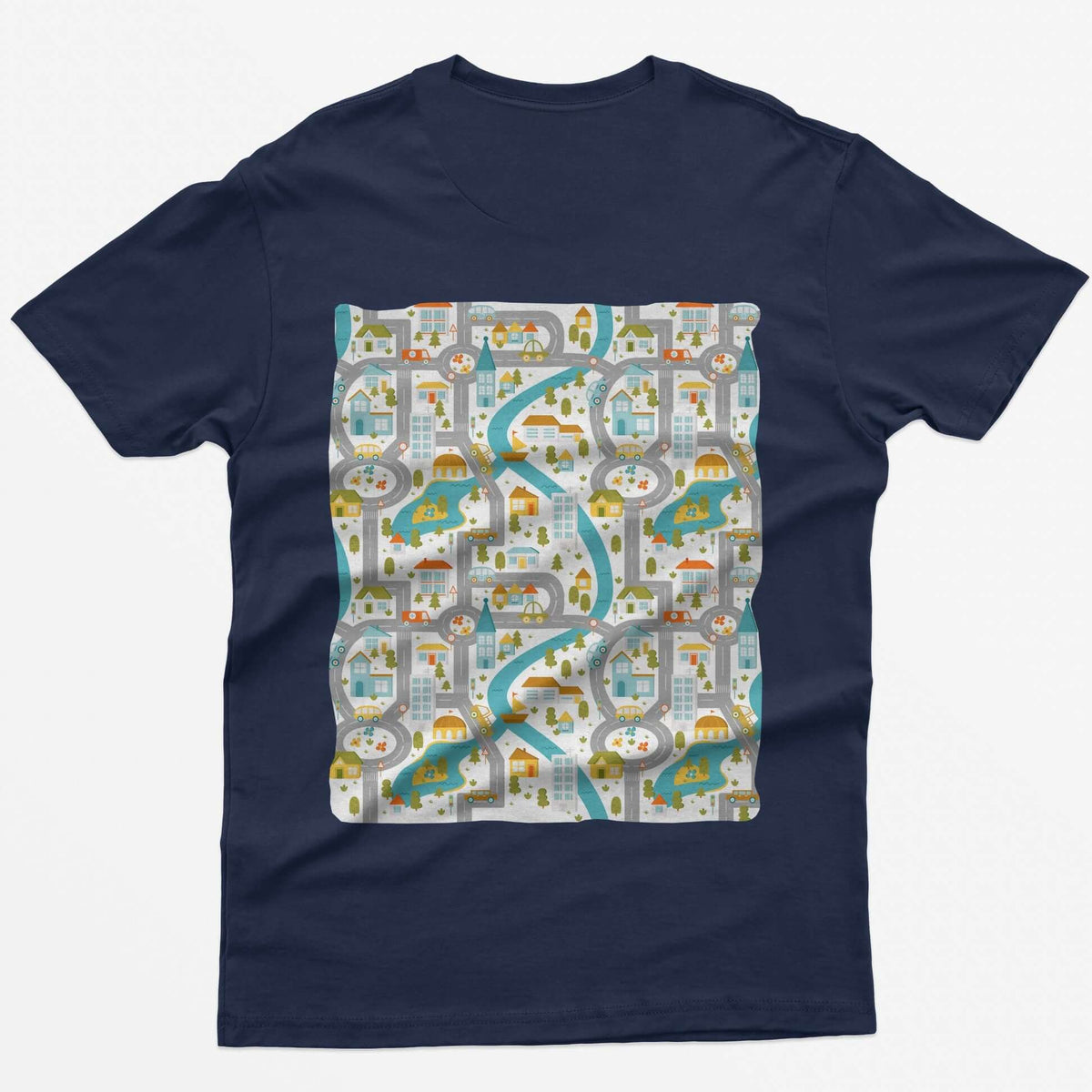 Back of a navy t-shirt with a toy car play mat print of roads, a river and a small town