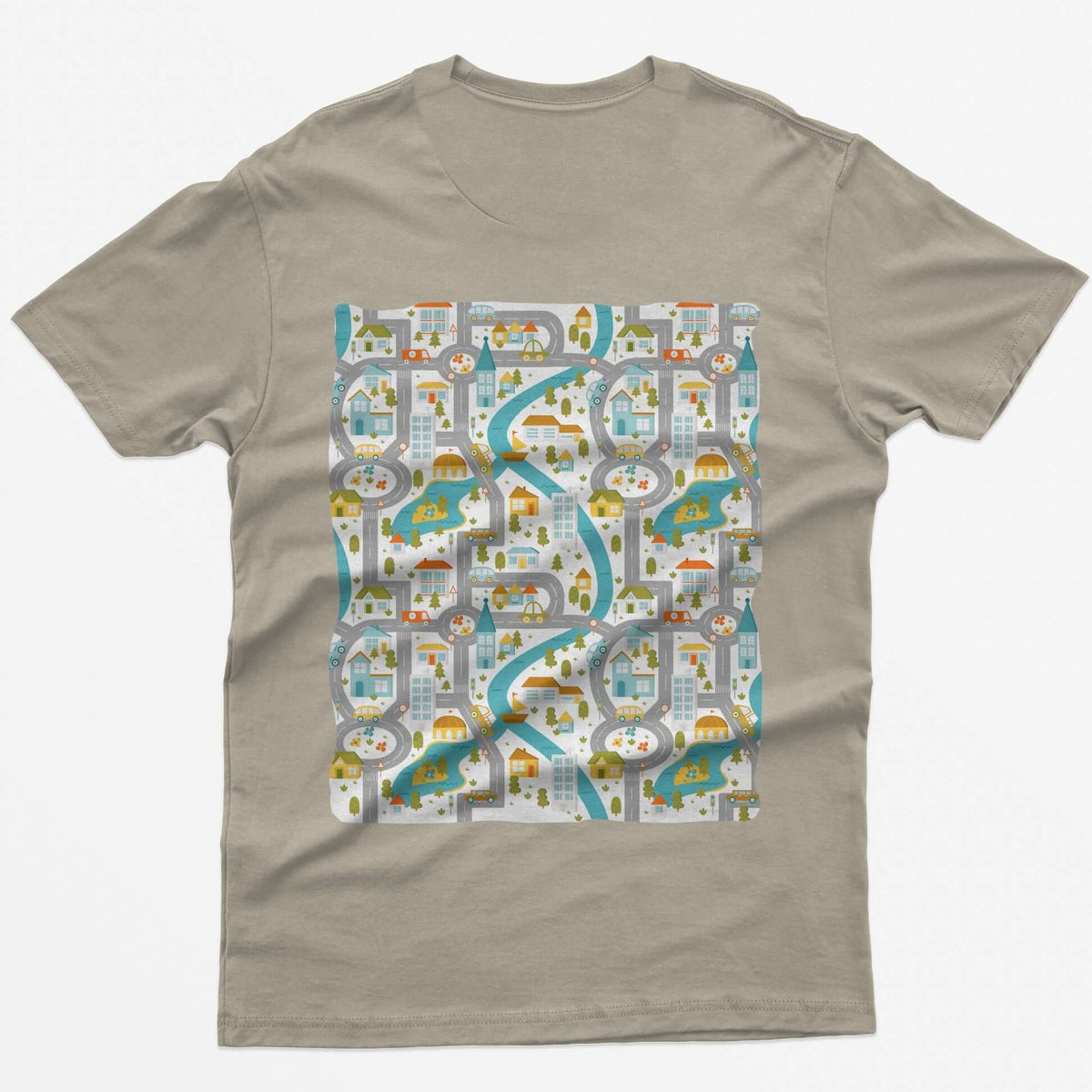 Back of a sand t-shirt with a toy car play mat print of roads, a river and a small town