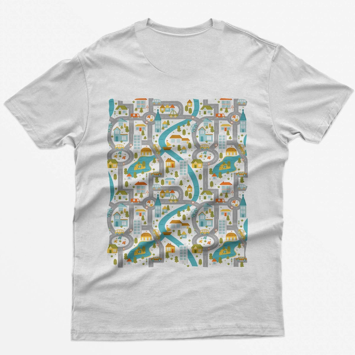 Back of a white t-shirt with a toy car play mat print of roads, a river and a small town