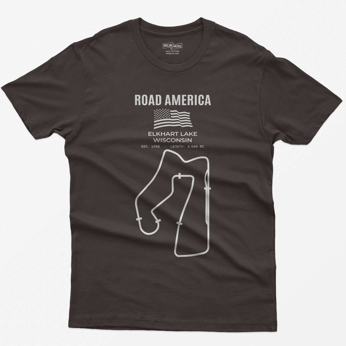 Dark Chocolate t-shirt with Road America print, American flag, Elkhart Lake Wisconsin lettering and the full race circuit outline