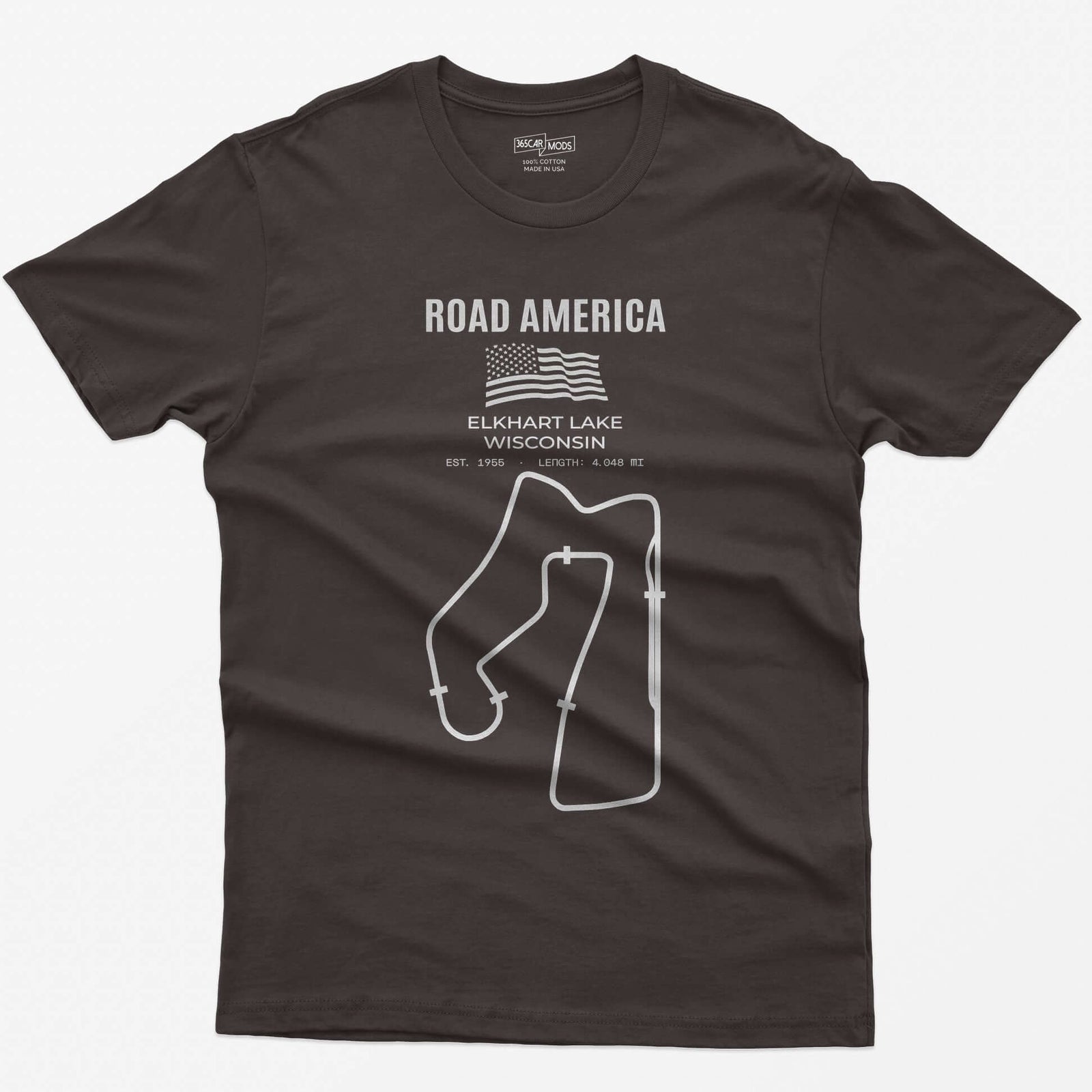 Dark Chocolate t-shirt with Road America print, American flag, Elkhart Lake Wisconsin lettering and the full race circuit outline