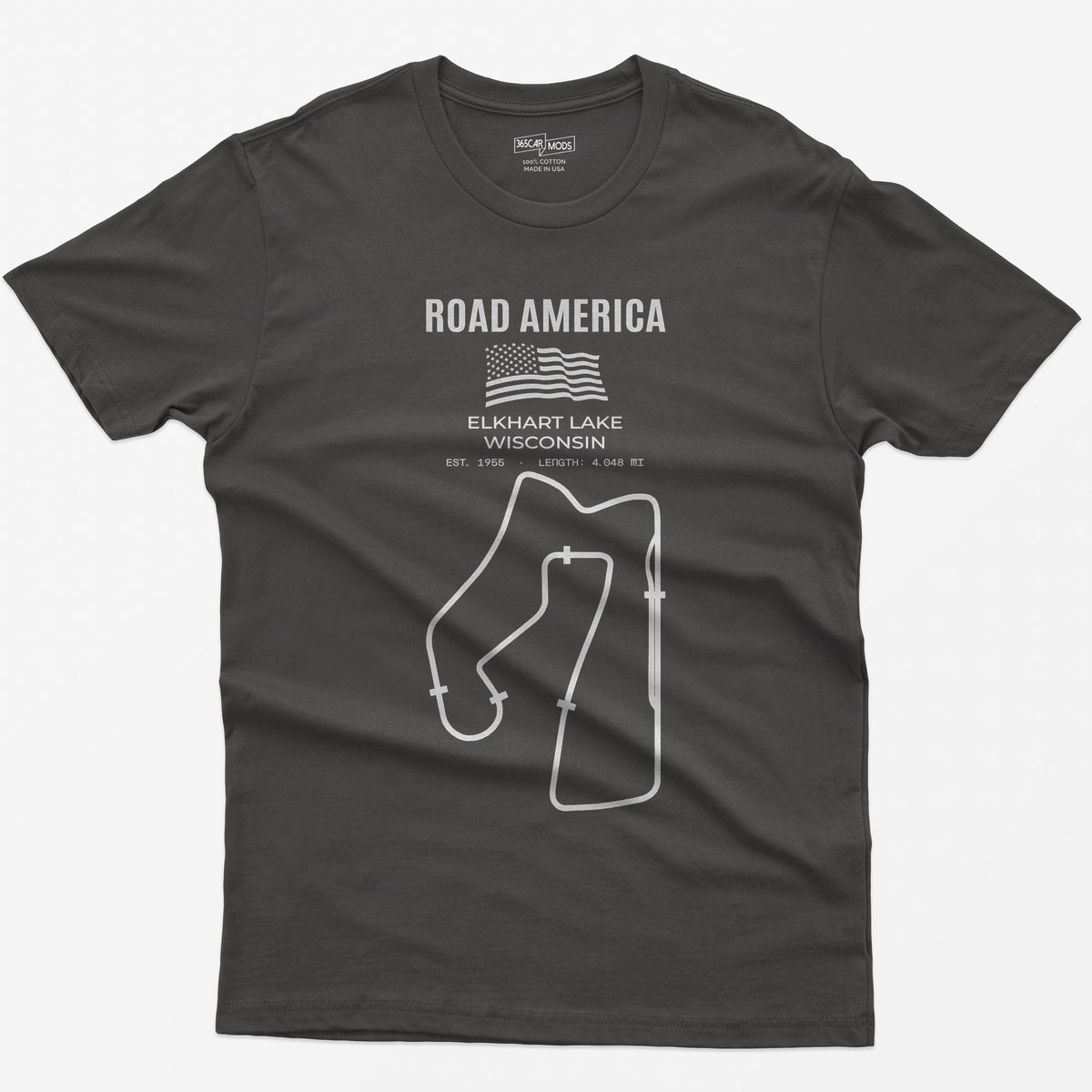 Dark Heather t-shirt with Road America print, American flag, Elkhart Lake Wisconsin lettering and the full race circuit outline