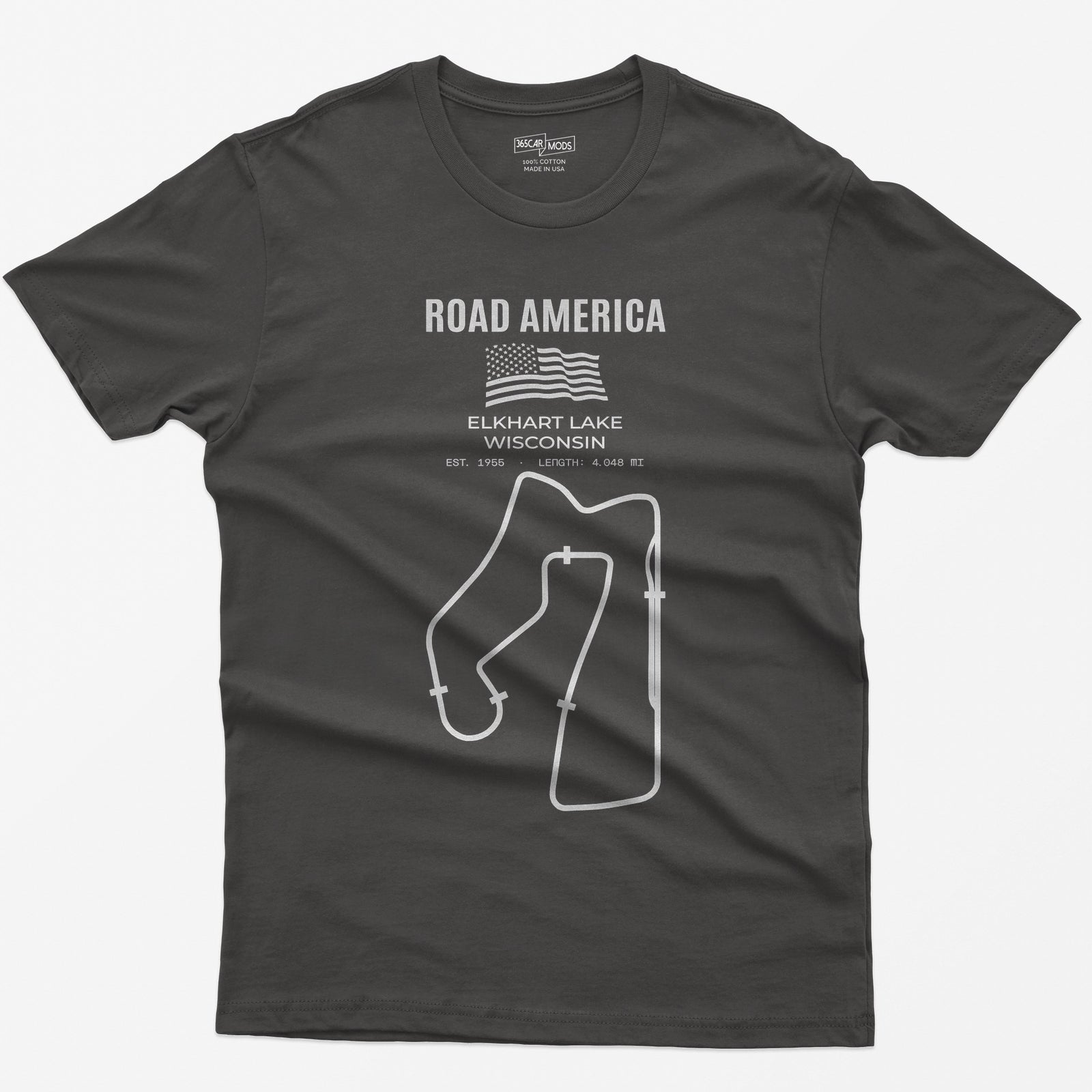 Dark Heather t-shirt with Road America print, American flag, Elkhart Lake Wisconsin lettering and the full race circuit outline