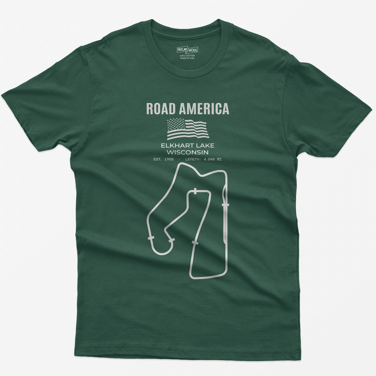 Forest Green t-shirt with Road America print, American flag, Elkhart Lake Wisconsin lettering and the full race circuit outline