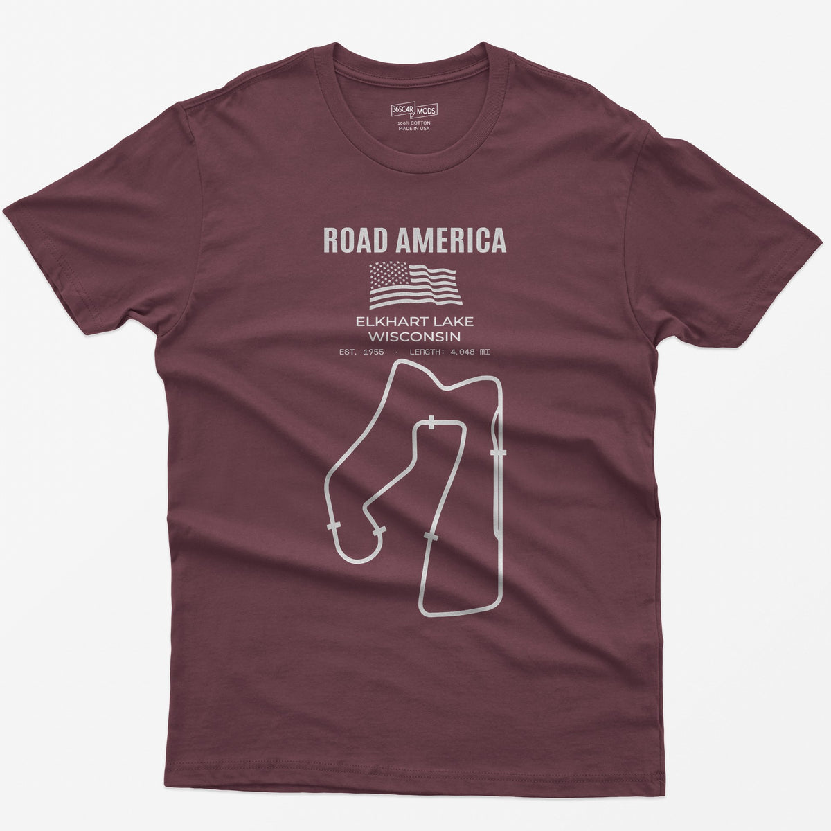 Maroon t-shirt with Road America print, American flag, Elkhart Lake Wisconsin lettering and the full race circuit outline