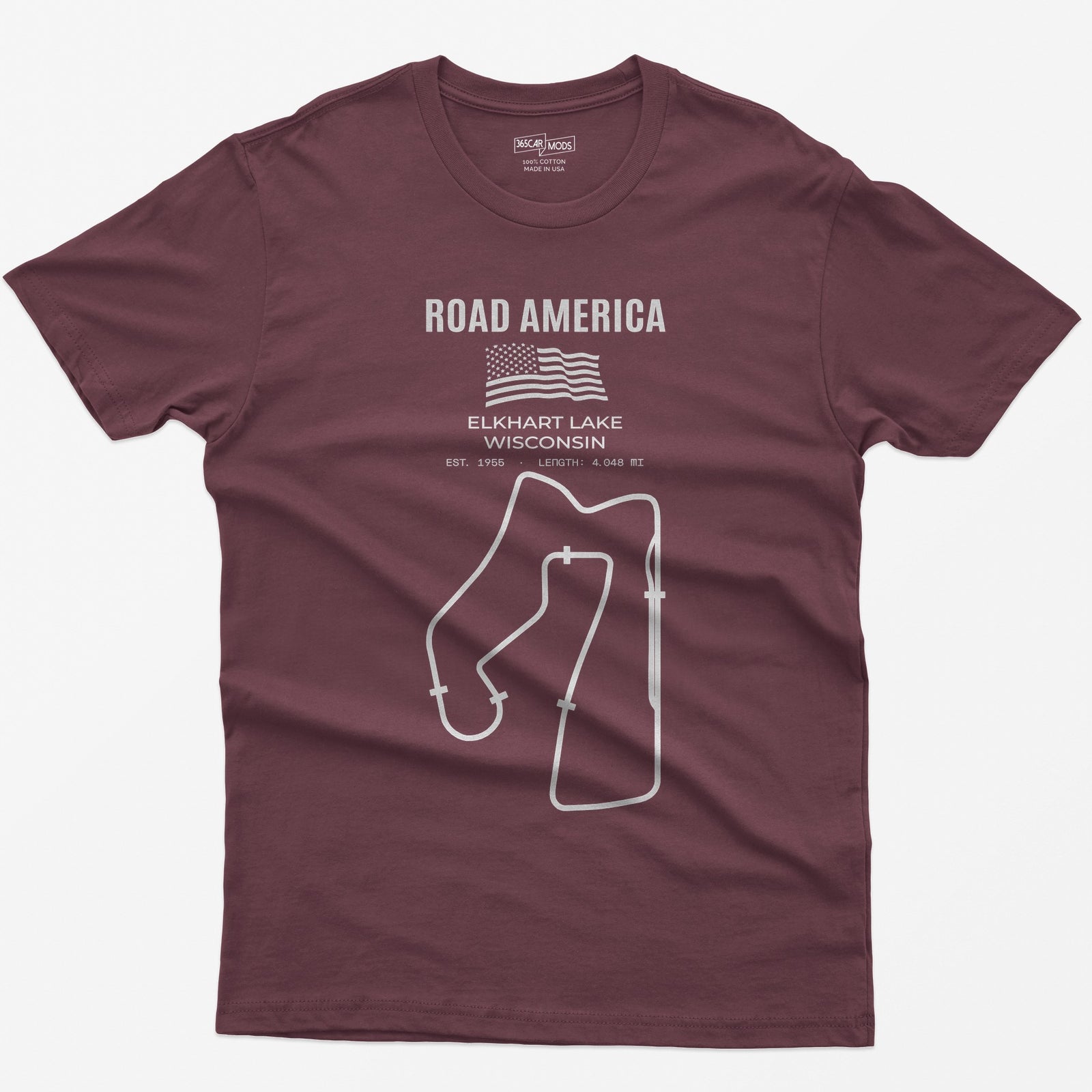Maroon t-shirt with Road America print, American flag, Elkhart Lake Wisconsin lettering and the full race circuit outline