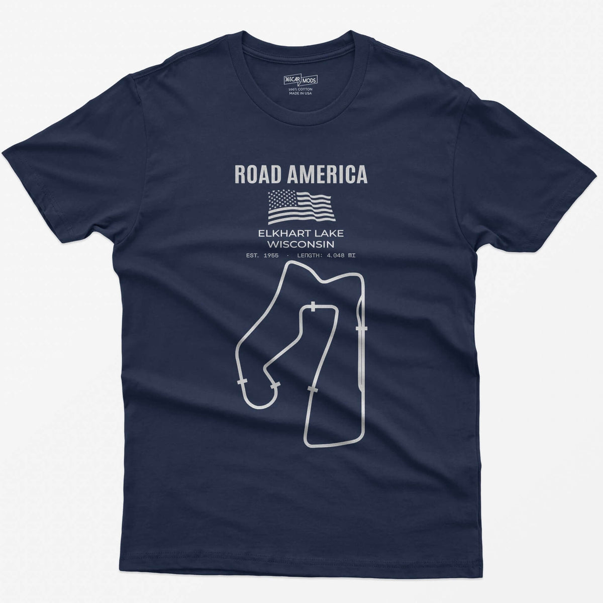 Navy t-shirt with Road America print, American flag, Elkhart Lake Wisconsin lettering and the full race circuit outline
