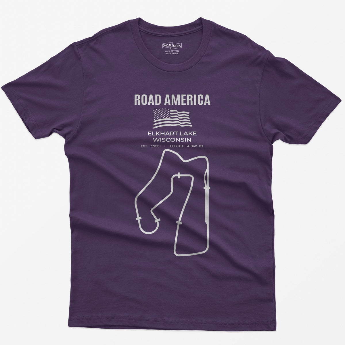 Purple t-shirt with Road America print, American flag, Elkhart Lake Wisconsin lettering and the full race circuit outline