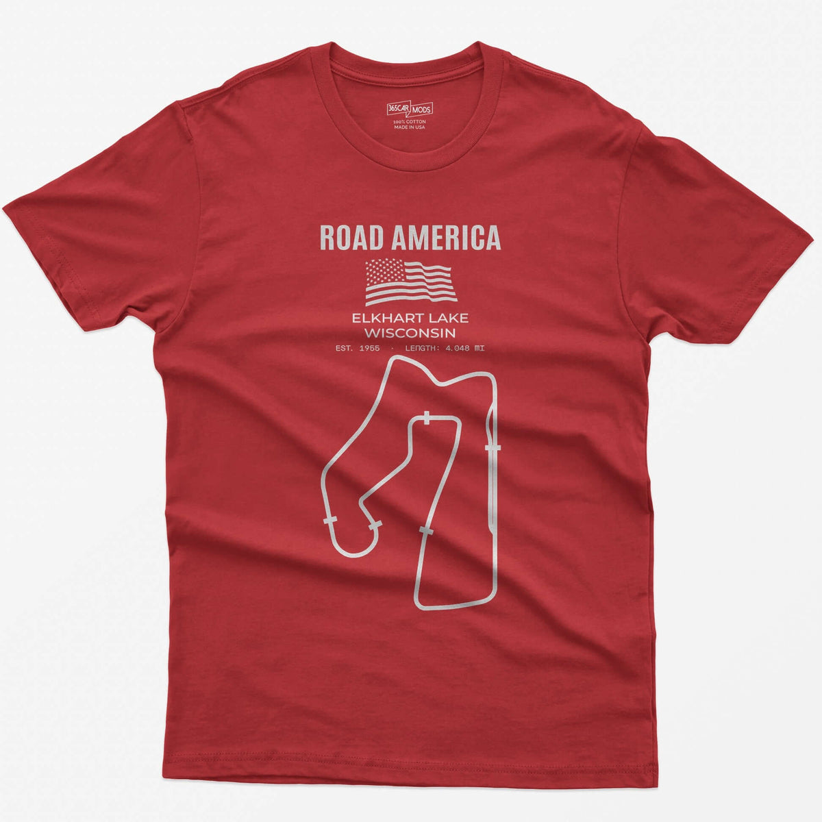 Red t-shirt with Road America print, American flag, Elkhart Lake Wisconsin lettering and the full race circuit outline