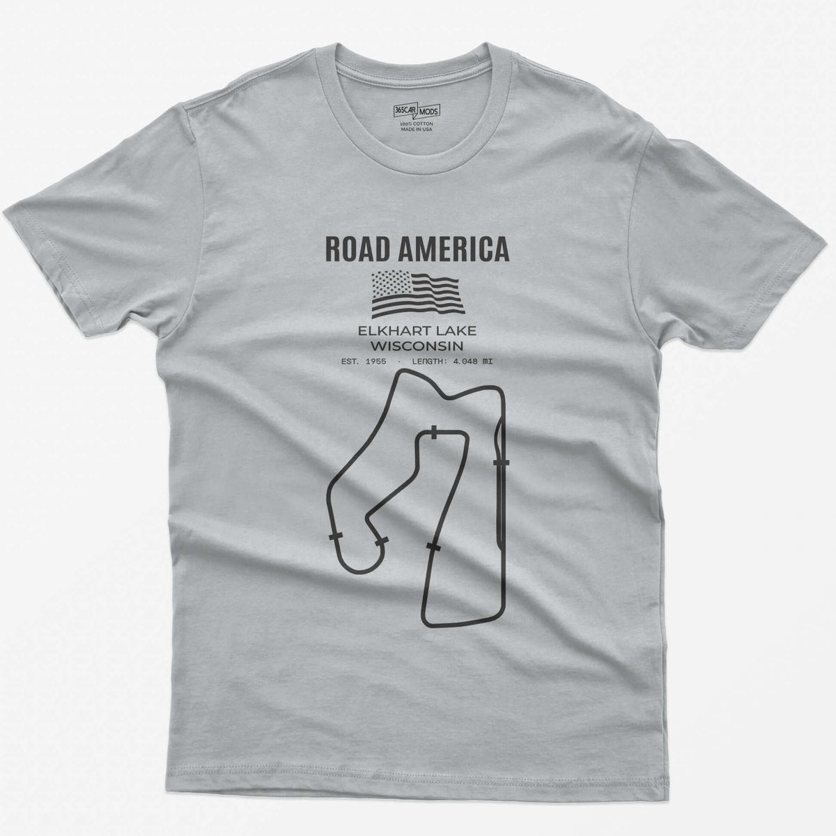 Sport Grey t-shirt with Road America print, American flag, Elkhart Lake Wisconsin lettering and the full race circuit outline