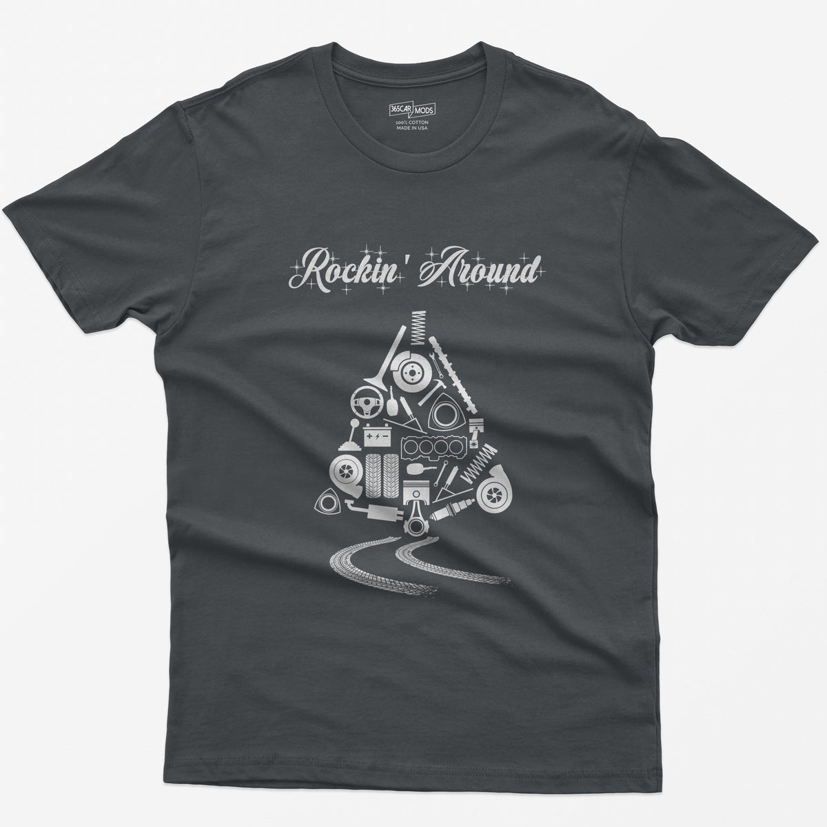 Rockin' Around Car Parts Christmas Tree T-Shirt - Charcoal