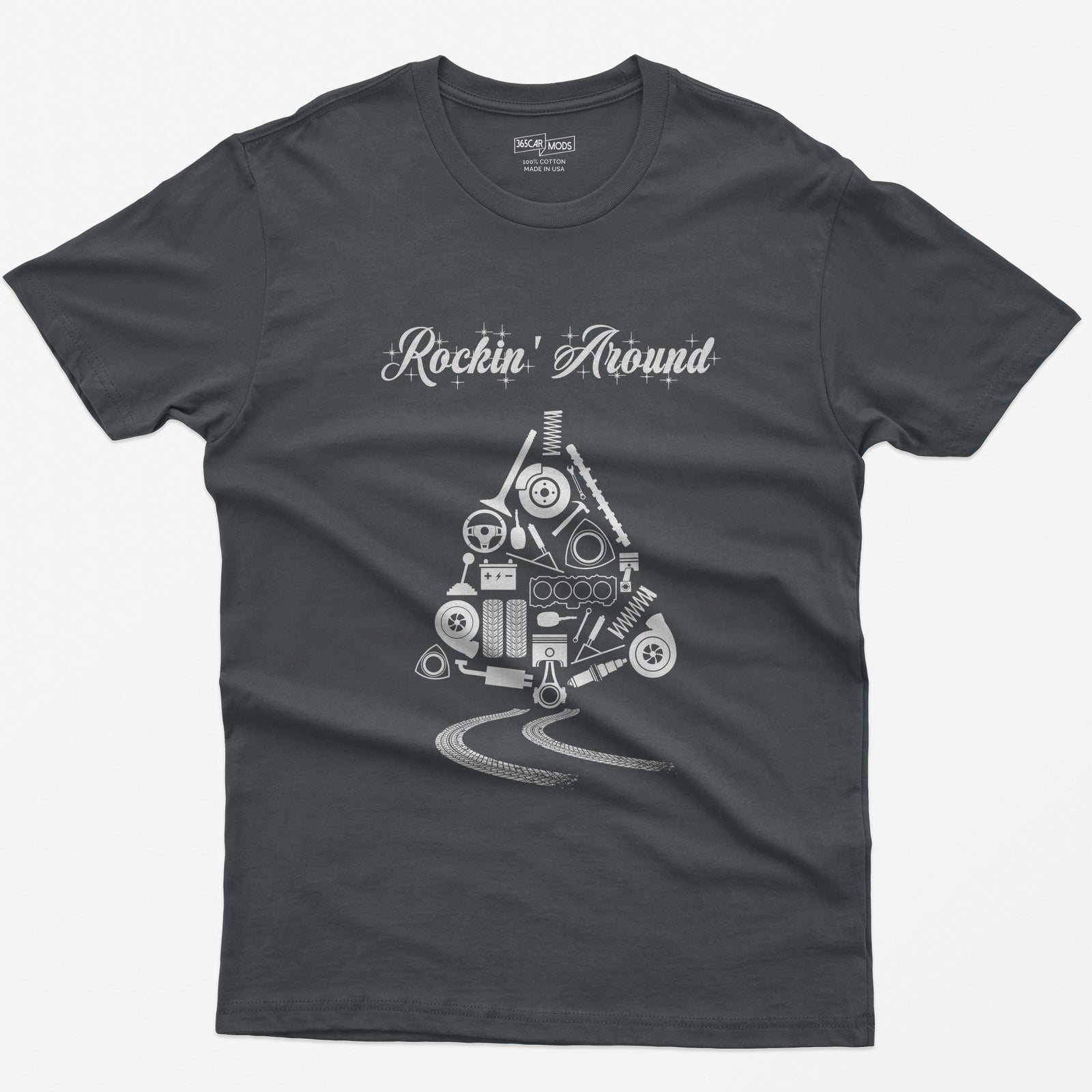 Rockin' Around Car Parts Christmas Tree T-Shirt - Charcoal