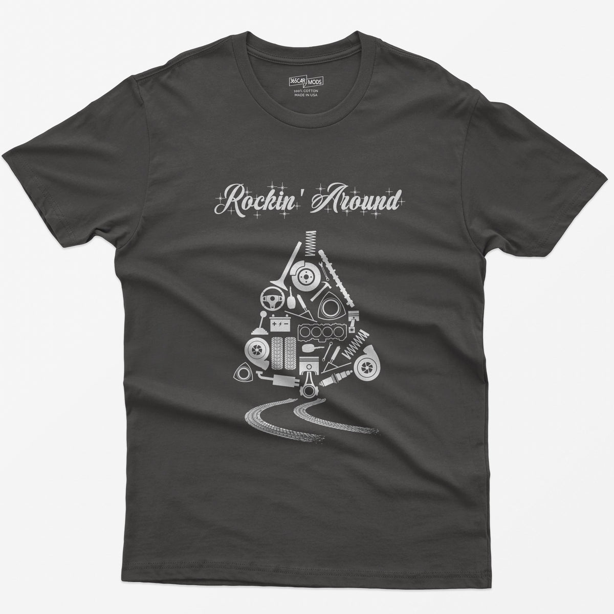 Rockin' Around Car Parts Christmas Tree T-Shirt - Dark Heather