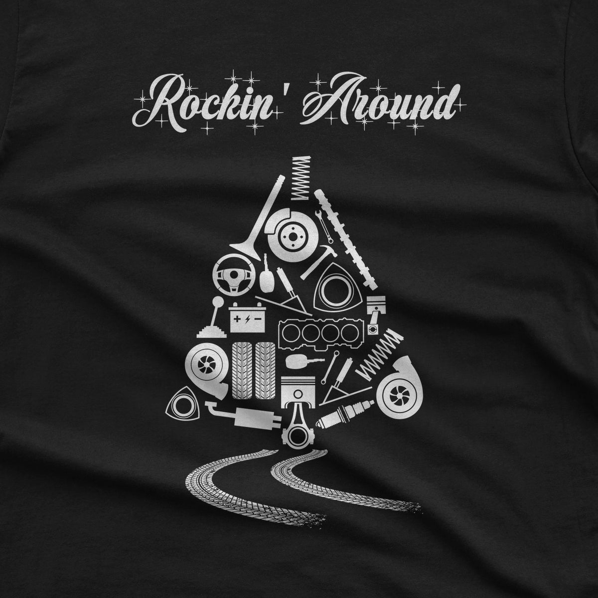 Rockin' Around Car Parts Christmas Tree T-Shirt design close-up