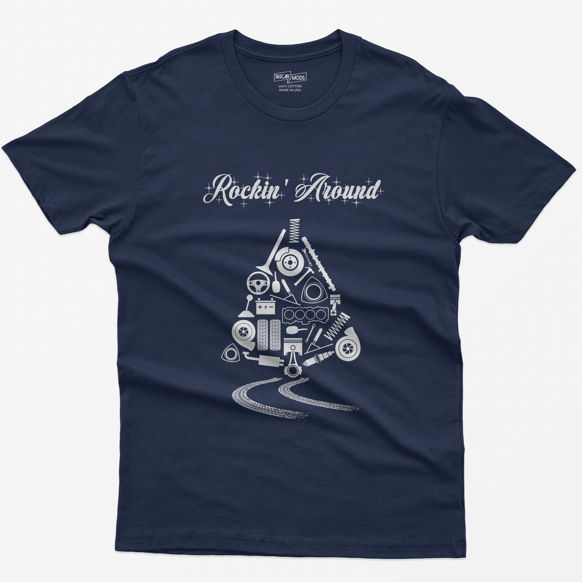 Rockin' Around Car Parts Christmas Tree T-Shirt - Navy