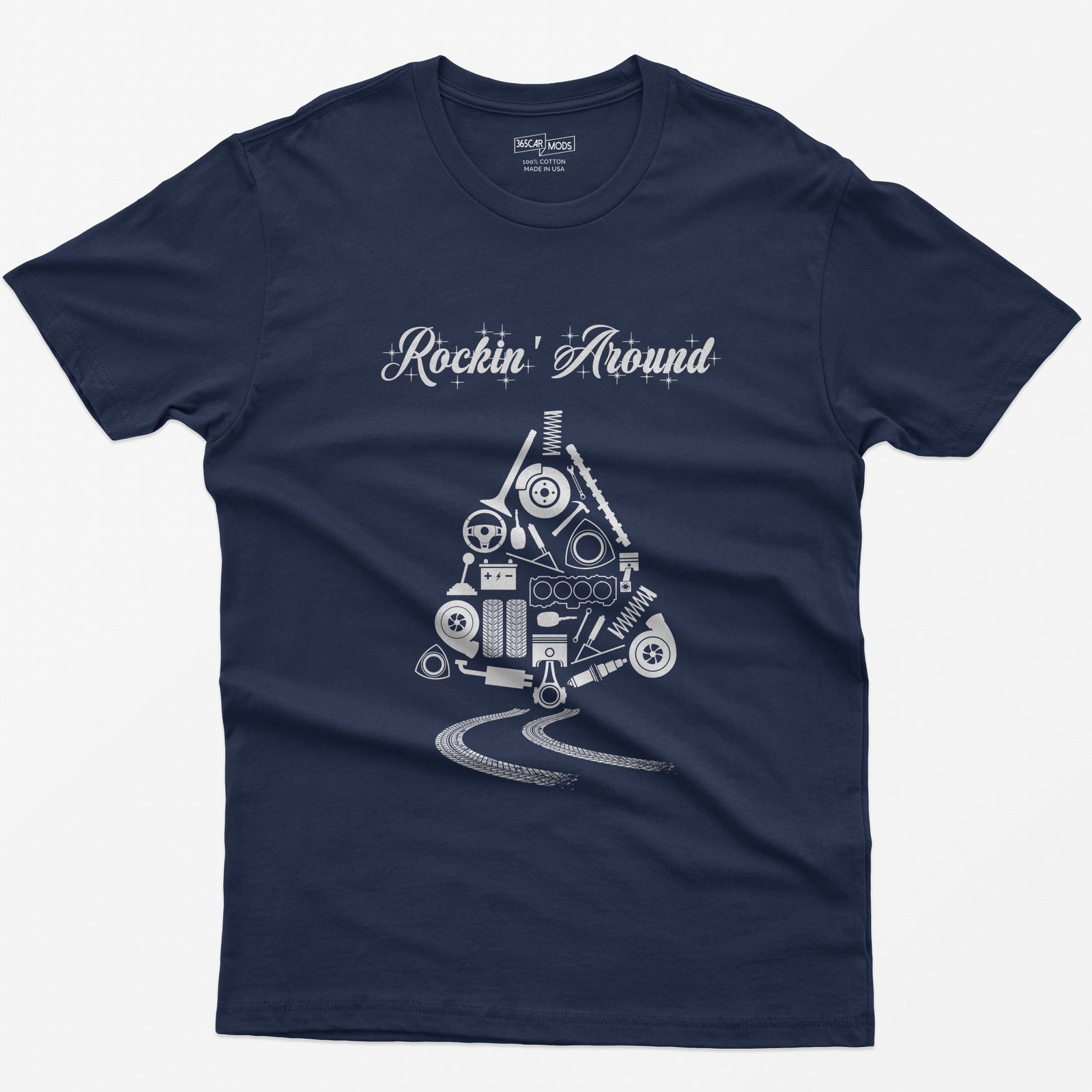 Rockin' Around Car Parts Christmas Tree T-Shirt - Navy