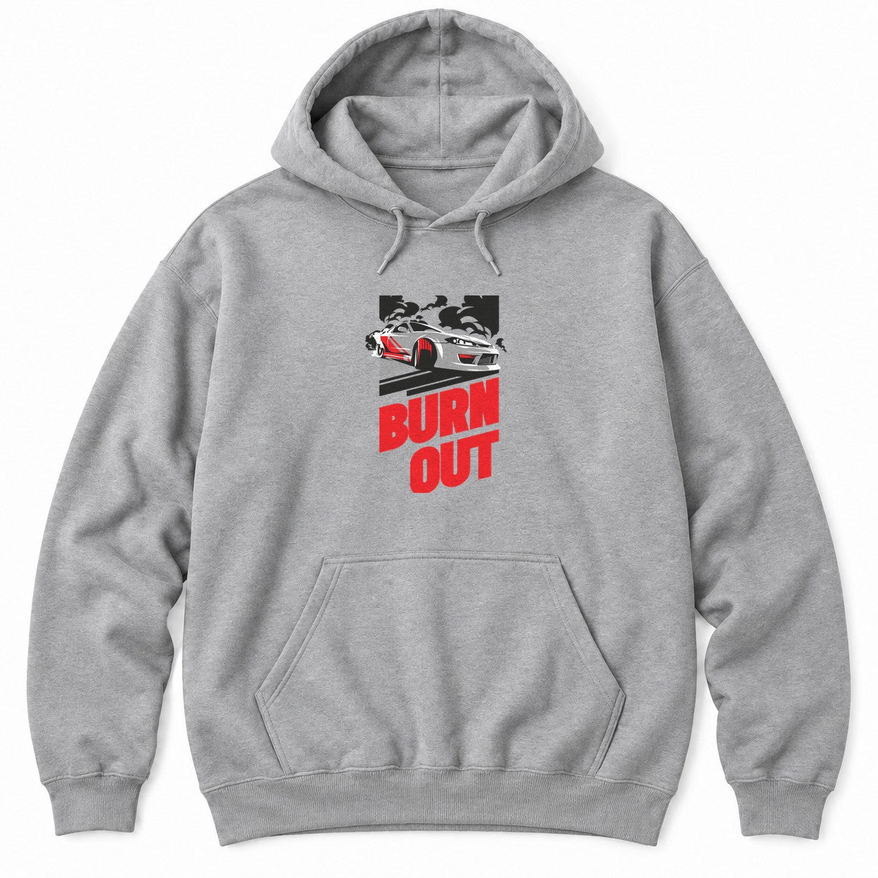 Athletic Heather hoodie with a white JDM drift car sliding through black tire smoke above bold red BURN OUT lettering