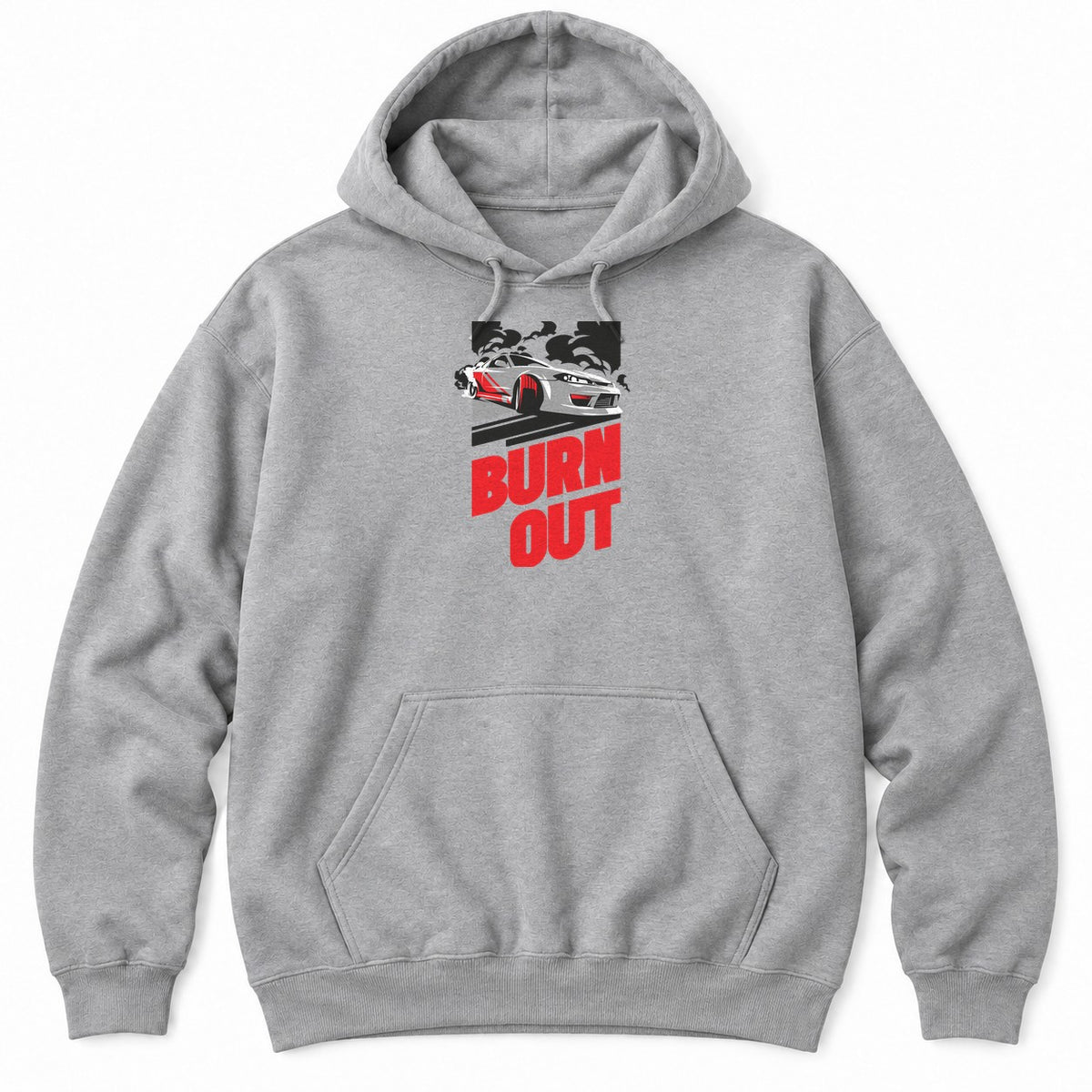 Sport Grey hoodie with a white JDM drift car sliding through black tire smoke above bold red BURN OUT lettering