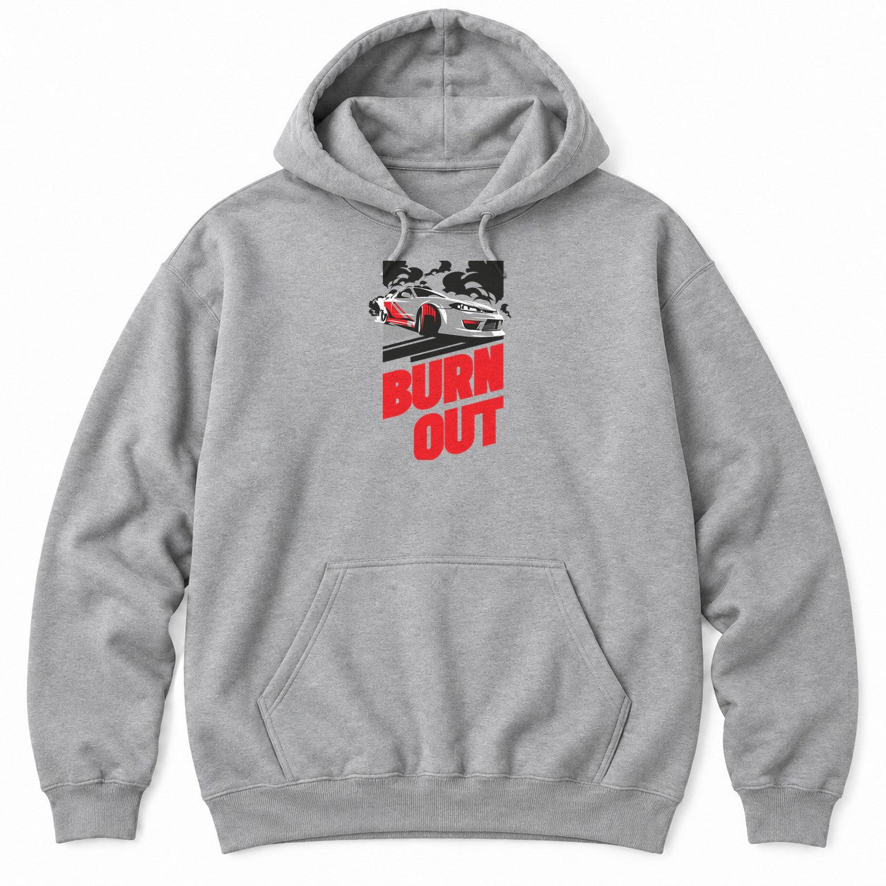 Sport Grey hoodie with a white JDM drift car sliding through black tire smoke above bold red BURN OUT lettering