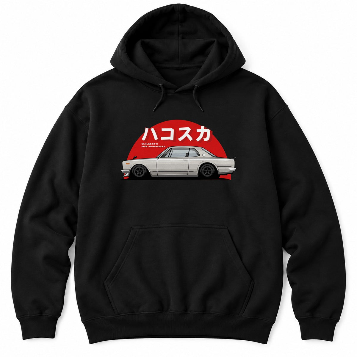 Black hoodie with a silver classic Japanese coupe in front of a red rising sun with big white katakana lettering