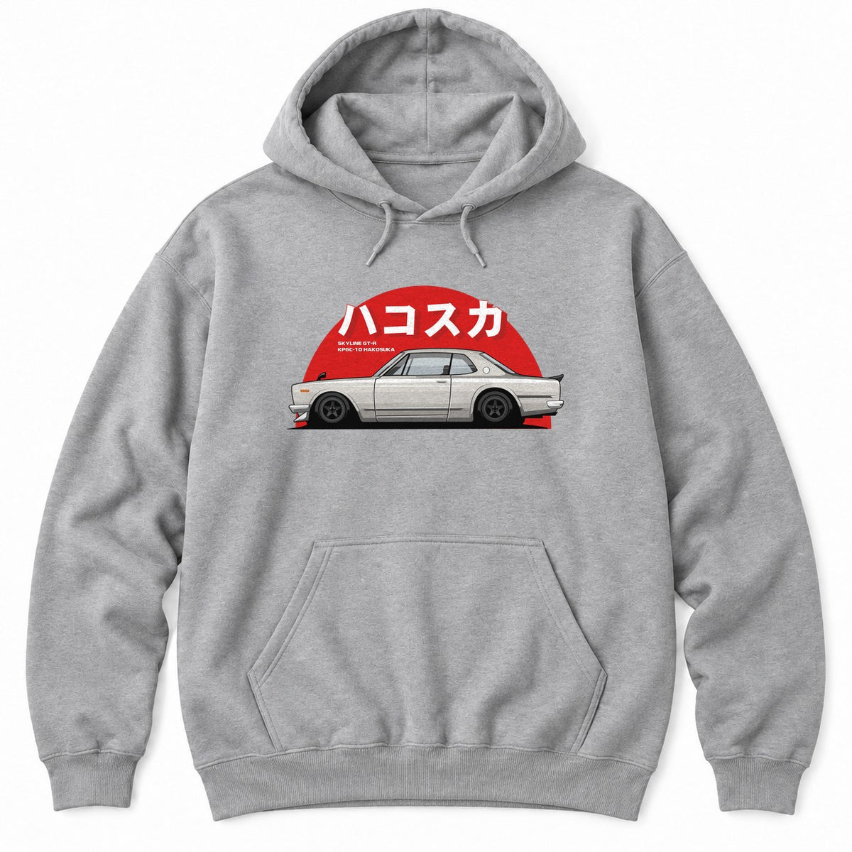 Athletic Heather hoodie with a silver classic Japanese coupe in front of a red rising sun with big white katakana lettering