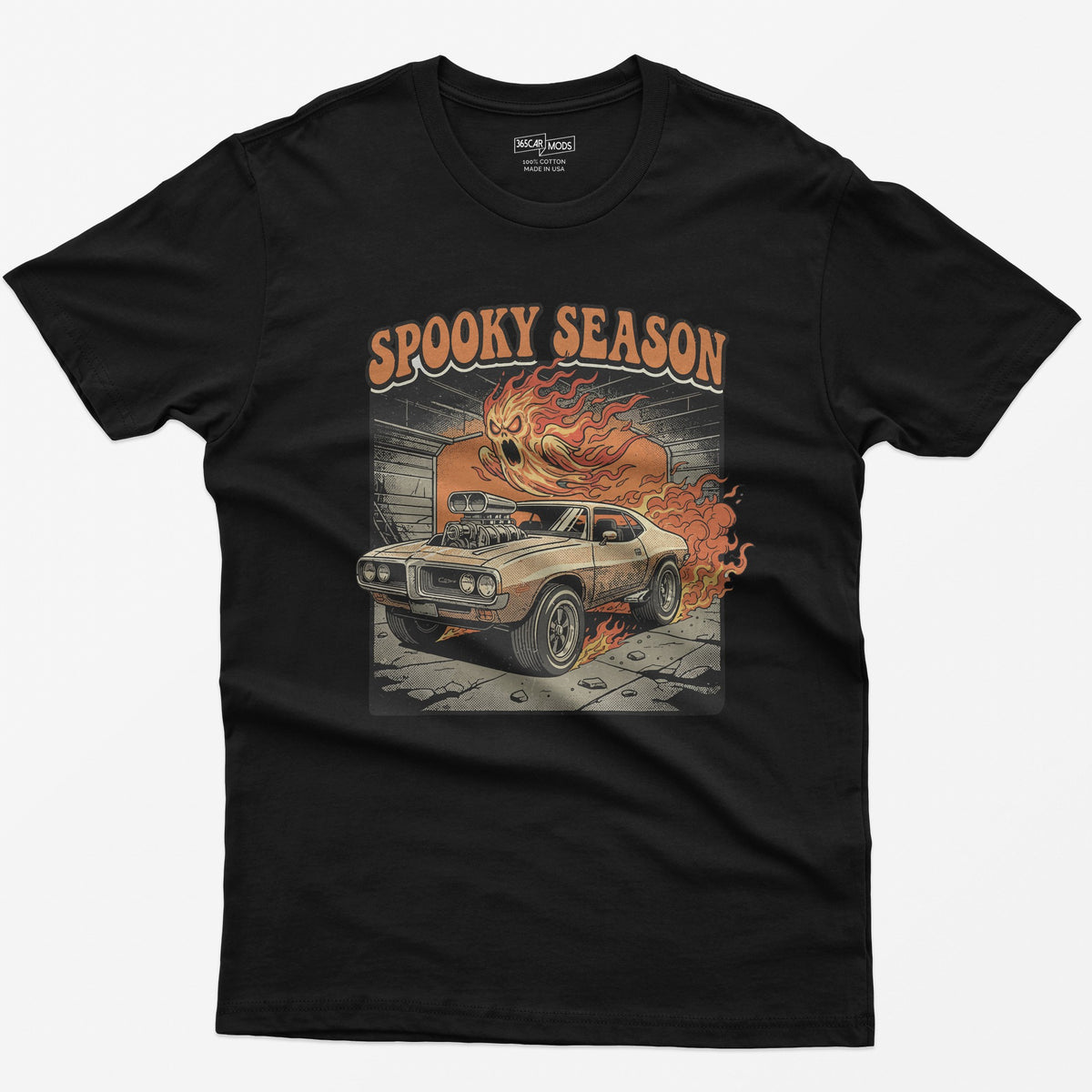 Spooky Season Flaming Muscle Car Ghost T-Shirt