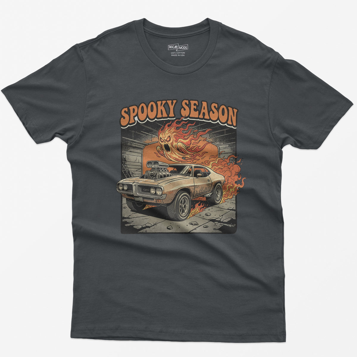 Spooky Season Flaming Muscle Car Ghost T-Shirt - Charcoal