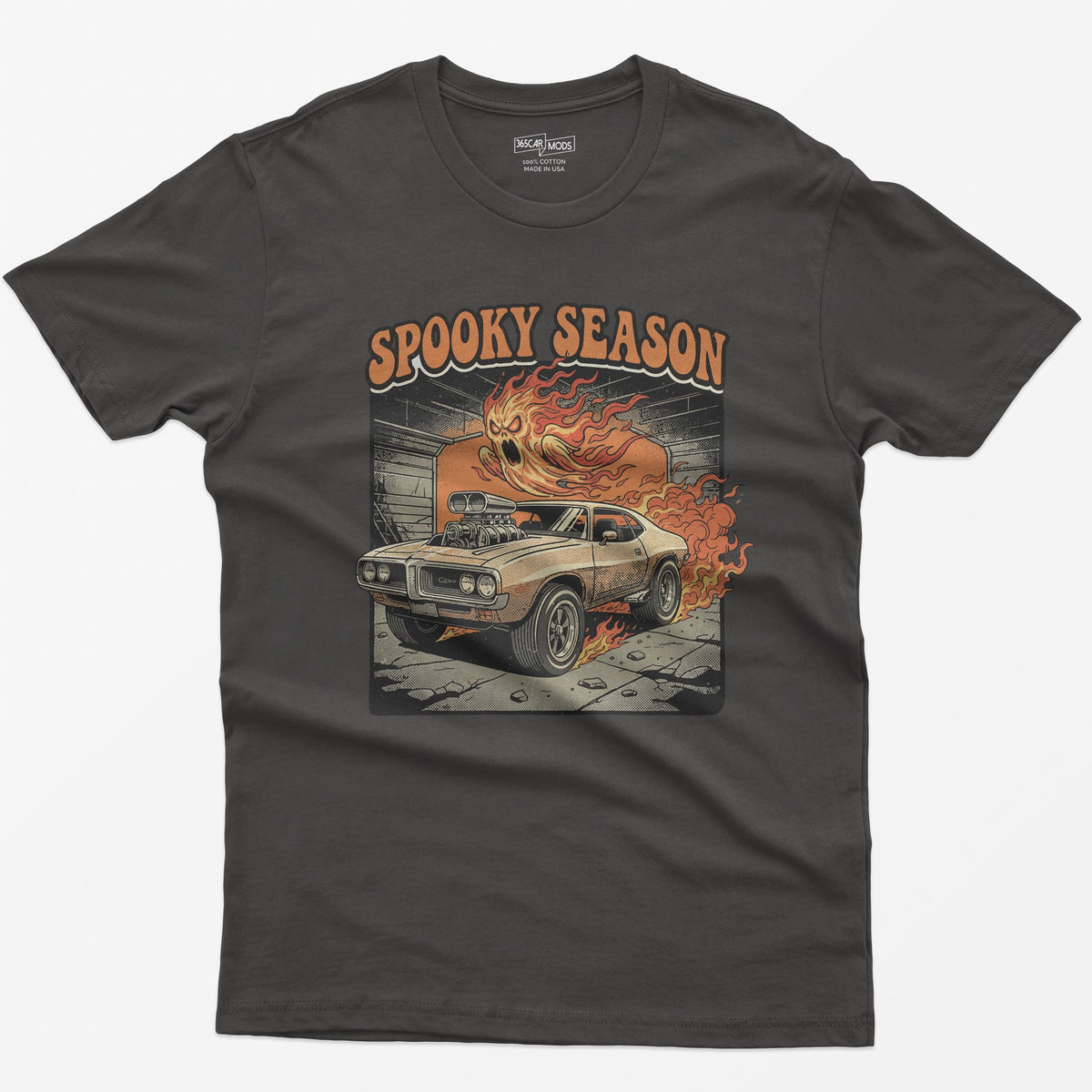 Spooky Season Flaming Muscle Car Ghost T-Shirt - Dark Heather