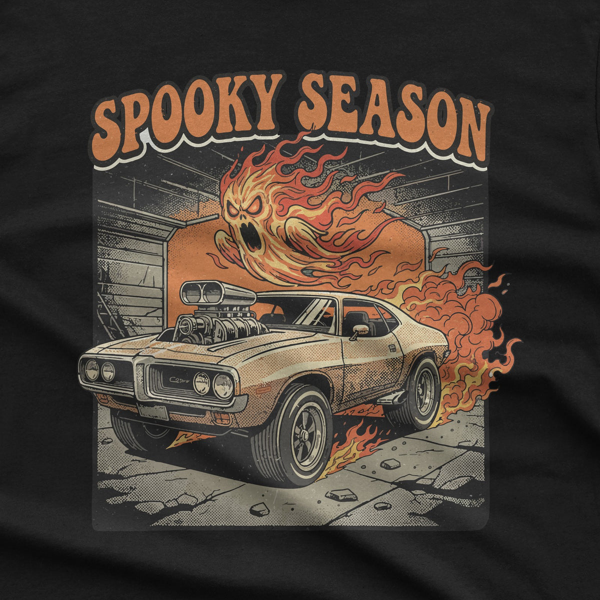 Spooky Season Flaming Muscle Car Ghost T-Shirt design close-up