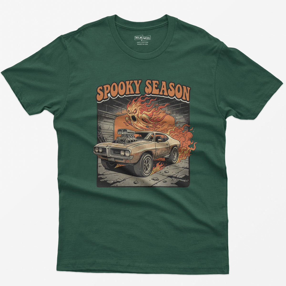 Spooky Season Flaming Muscle Car Ghost T-Shirt - Forest Green