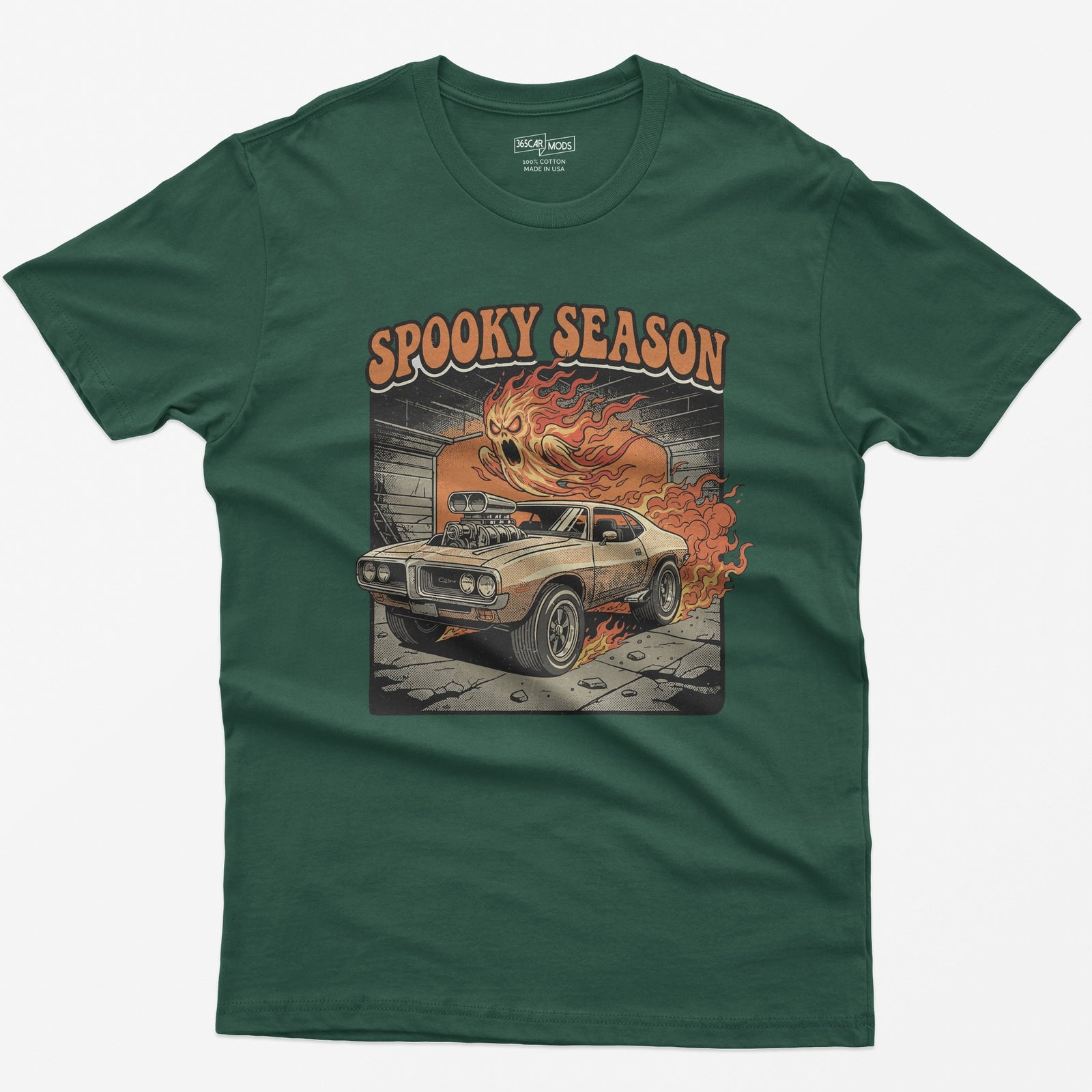 Spooky Season Flaming Muscle Car Ghost T-Shirt - Forest Green