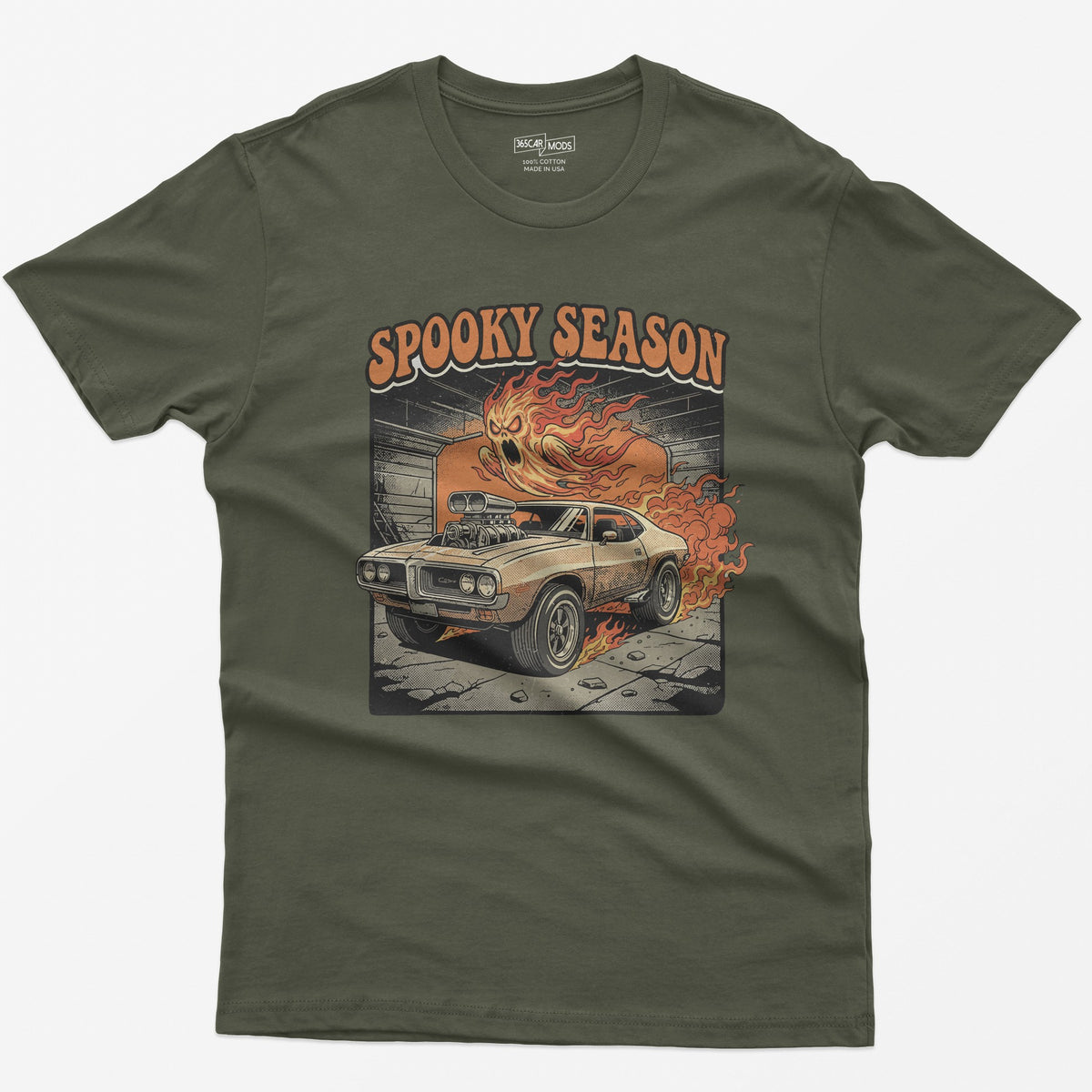 Spooky Season Flaming Muscle Car Ghost T-Shirt - Military Green