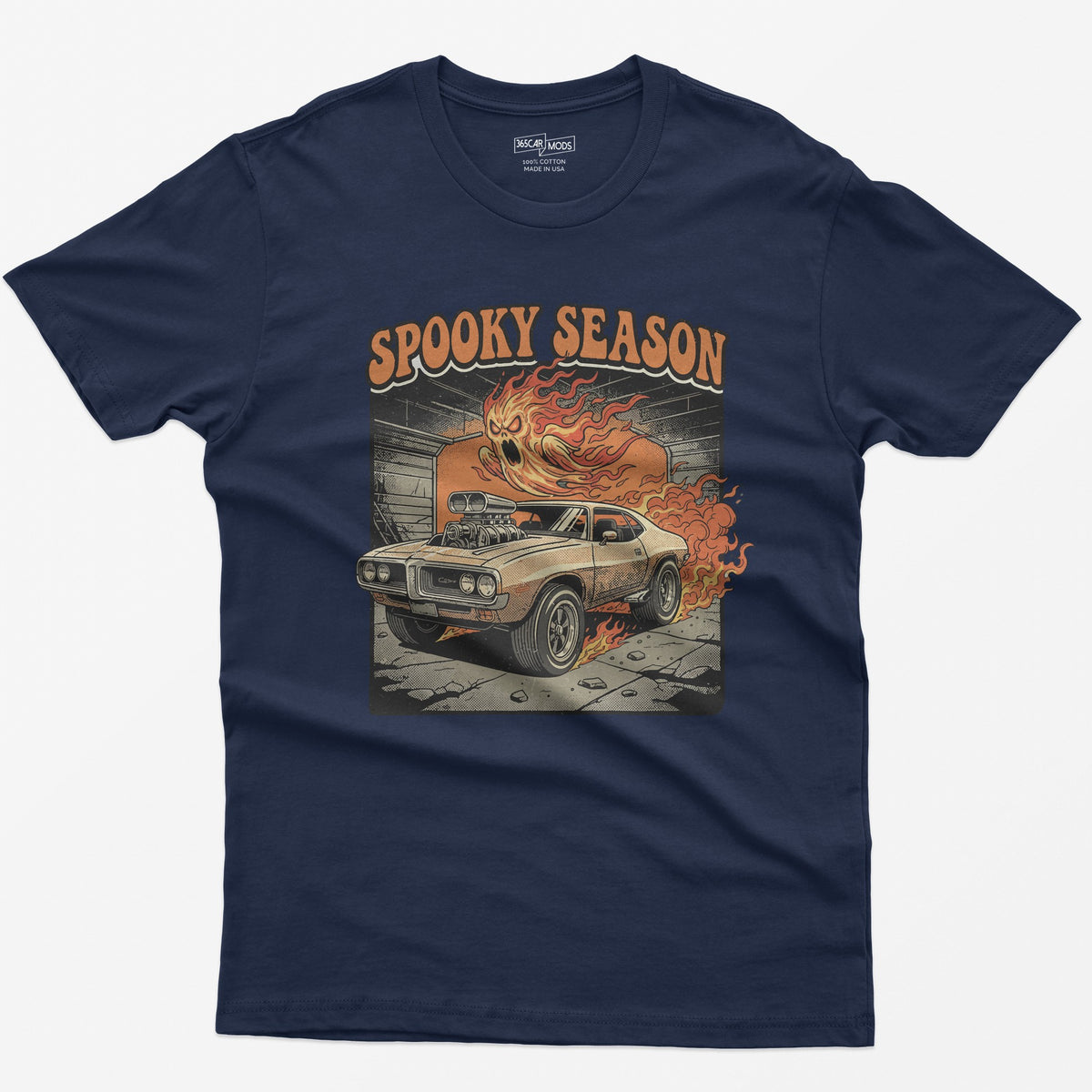 Spooky Season Flaming Muscle Car Ghost T-Shirt - Navy