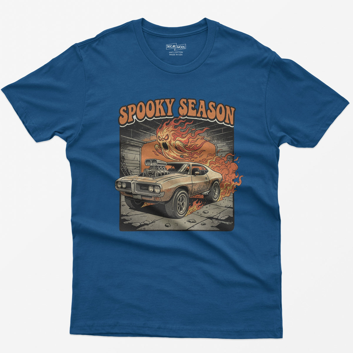 Spooky Season Flaming Muscle Car Ghost T-Shirt - Royal