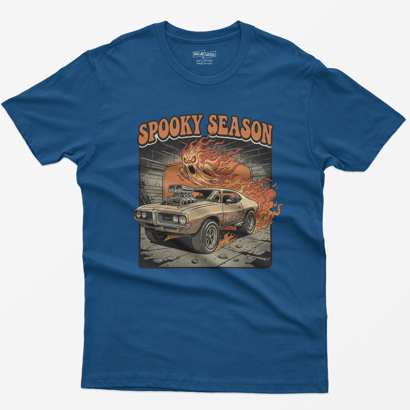 Spooky Season Flaming Muscle Car Ghost T-Shirt - Royal
