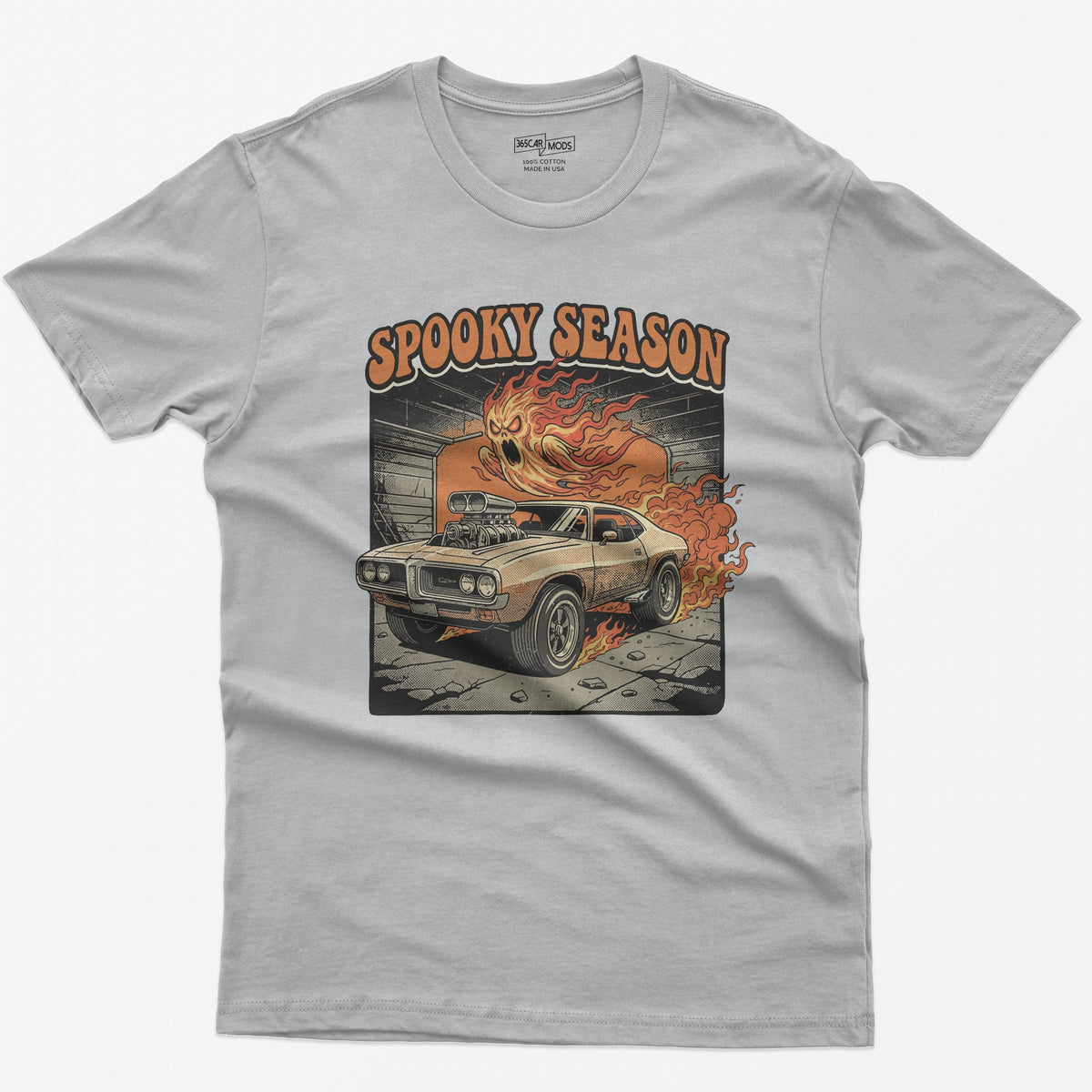 Spooky Season Flaming Muscle Car Ghost T-Shirt - Sport Grey