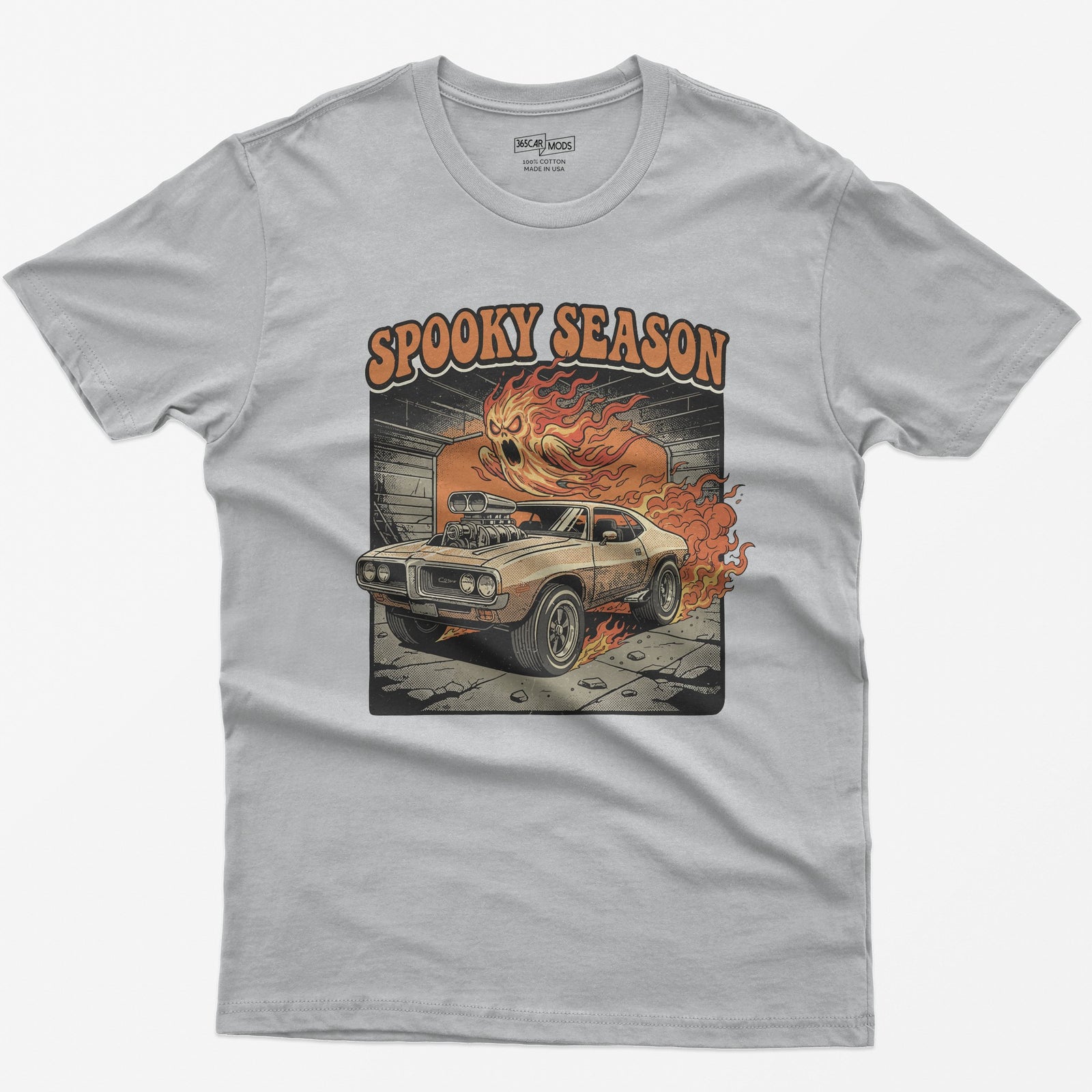 Spooky Season Flaming Muscle Car Ghost T-Shirt - Sport Grey