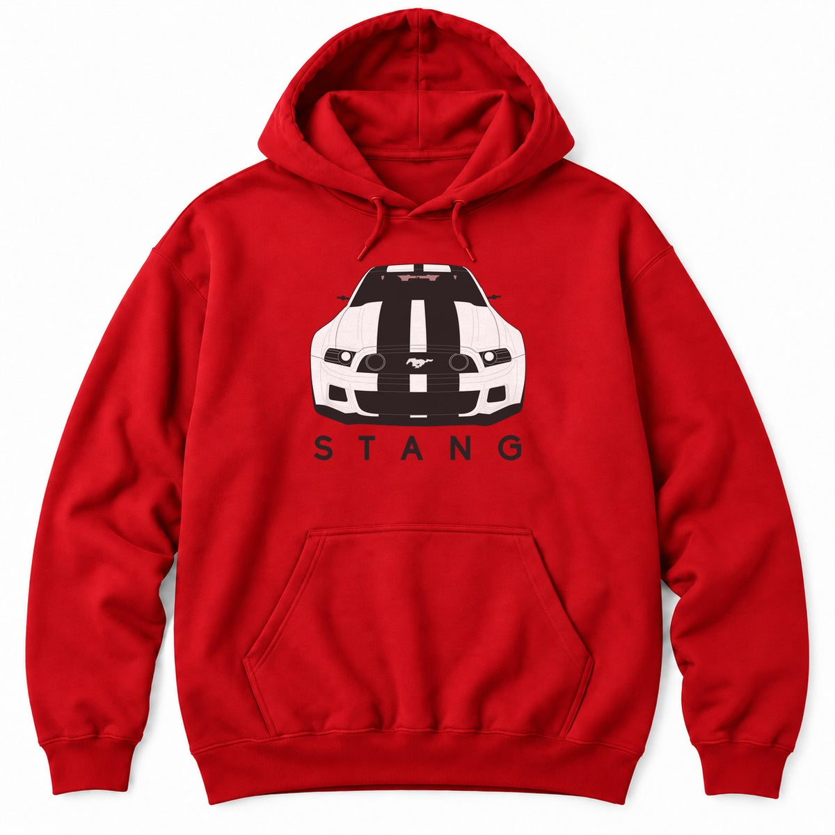 Red hoodie with a head-on muscle car illustration with twin racing stripes above spaced-out letters