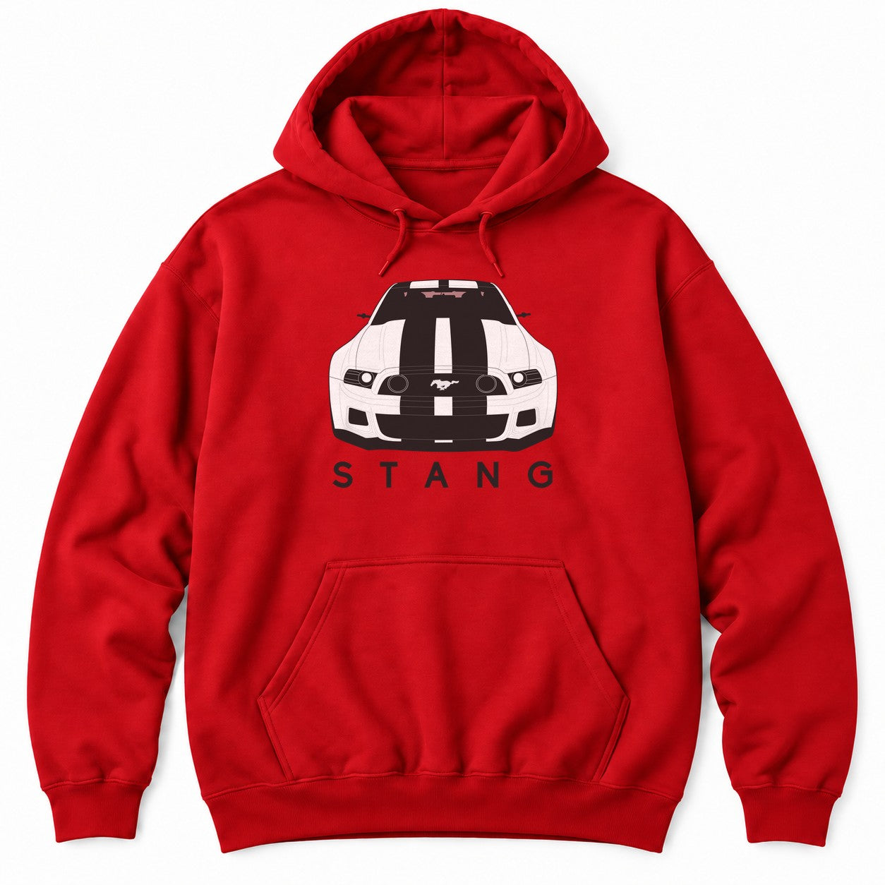 Athletic Heather hoodie with a head-on muscle car illustration with twin racing stripes above spaced-out letters