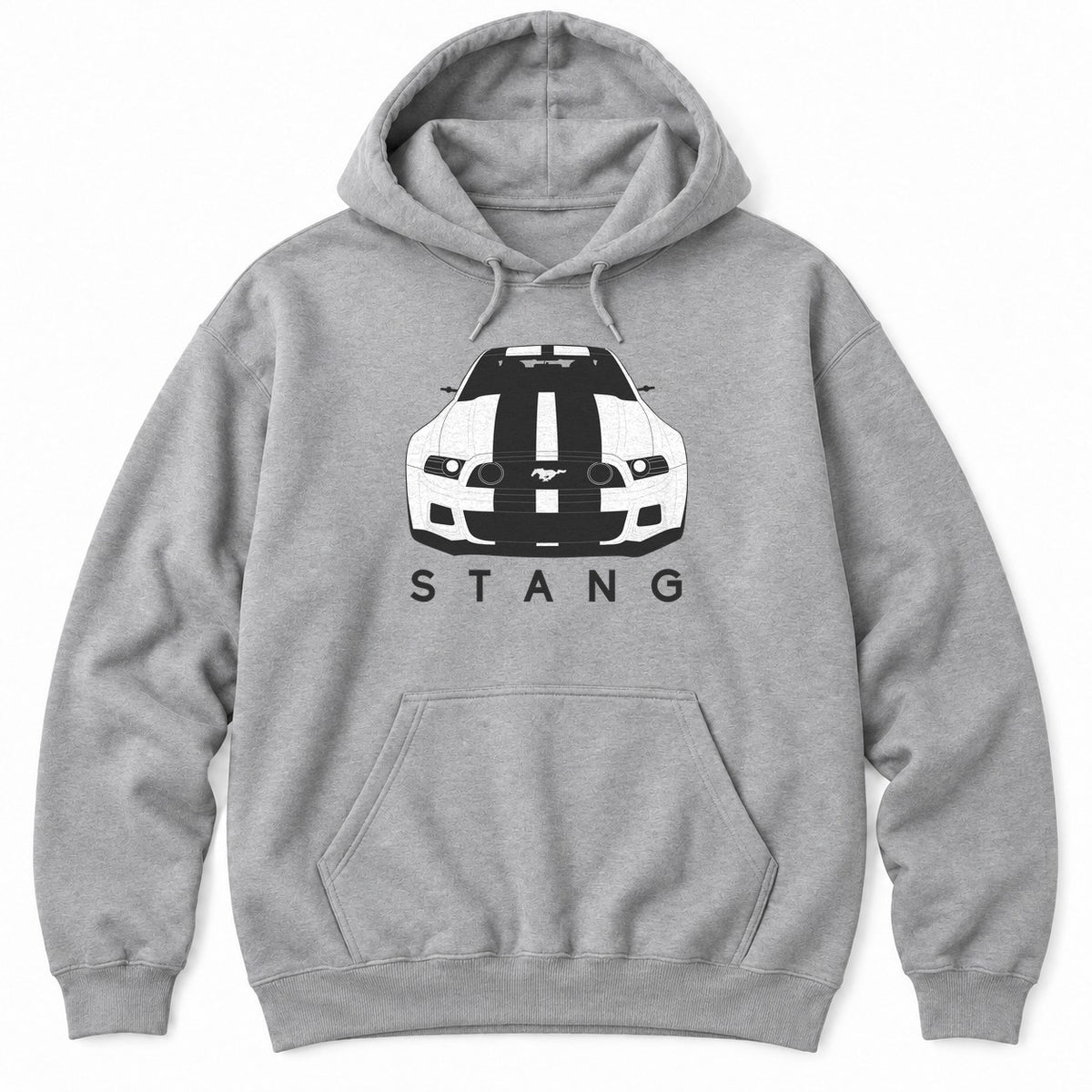 Athletic Heather hoodie with a head-on muscle car illustration with twin racing stripes above spaced-out letters