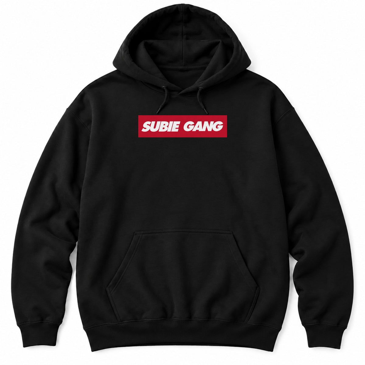 Black hoodie with SUBIE GANG in white italic letters on a red box logo
