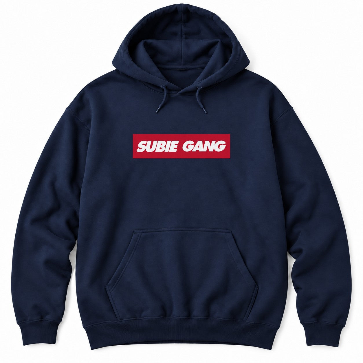 Navy hoodie with SUBIE GANG in white italic letters on a red box logo