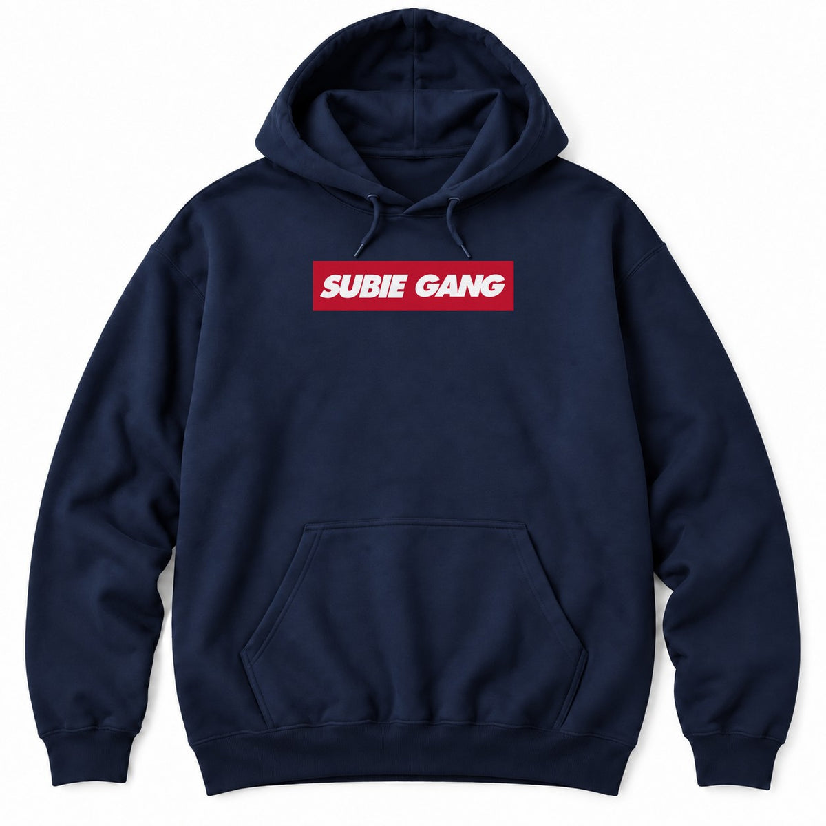 Navy hoodie with SUBIE GANG in white italic letters on a red box logo