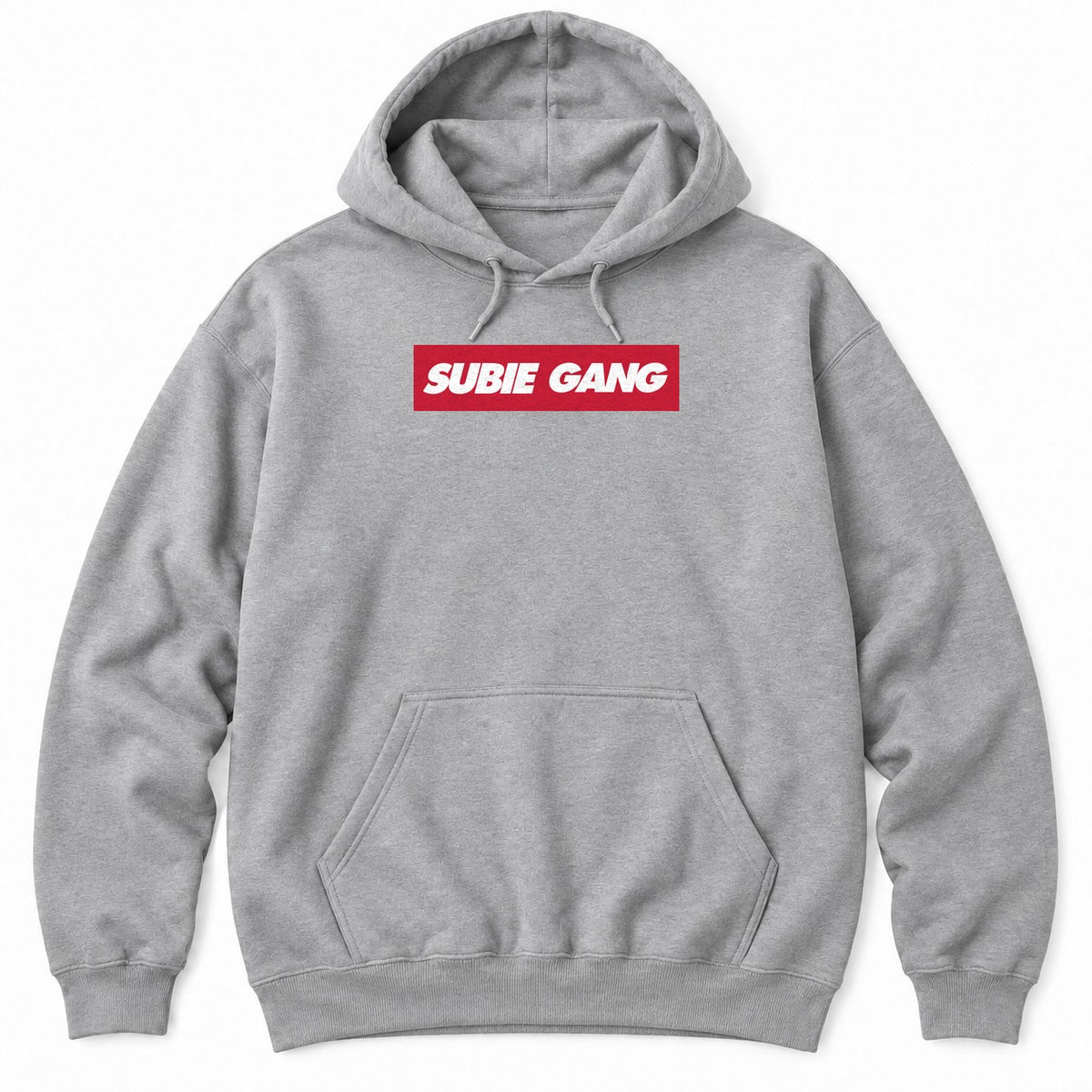 Sport Grey hoodie with SUBIE GANG in white italic letters on a red box logo